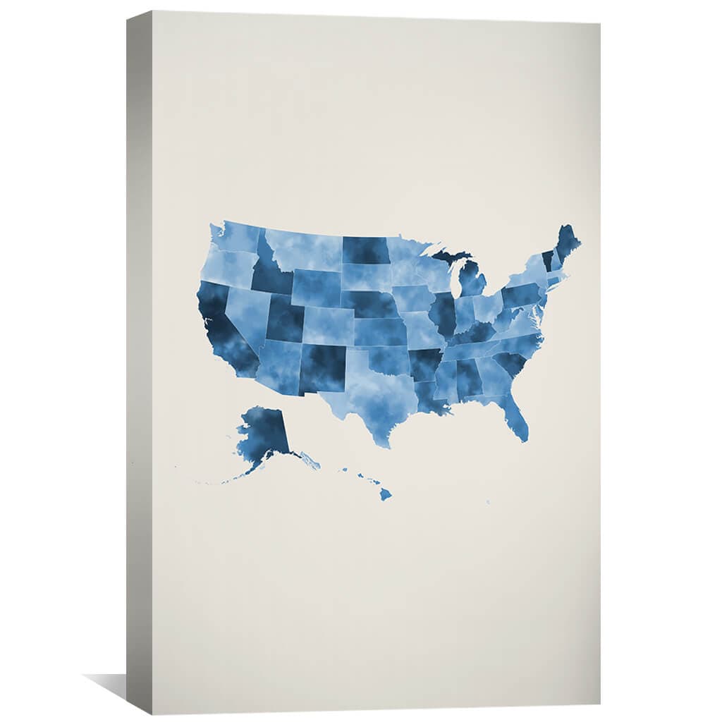 Elegant Watercolor Map of the United States - Blue Abstract Canvas Art
