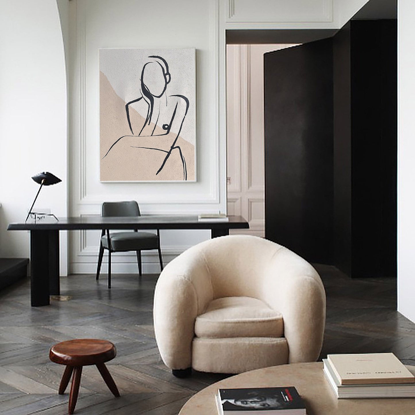Elegant Beige Abstract Oil Painting with Minimalist Figure Art for Modern Home Decor