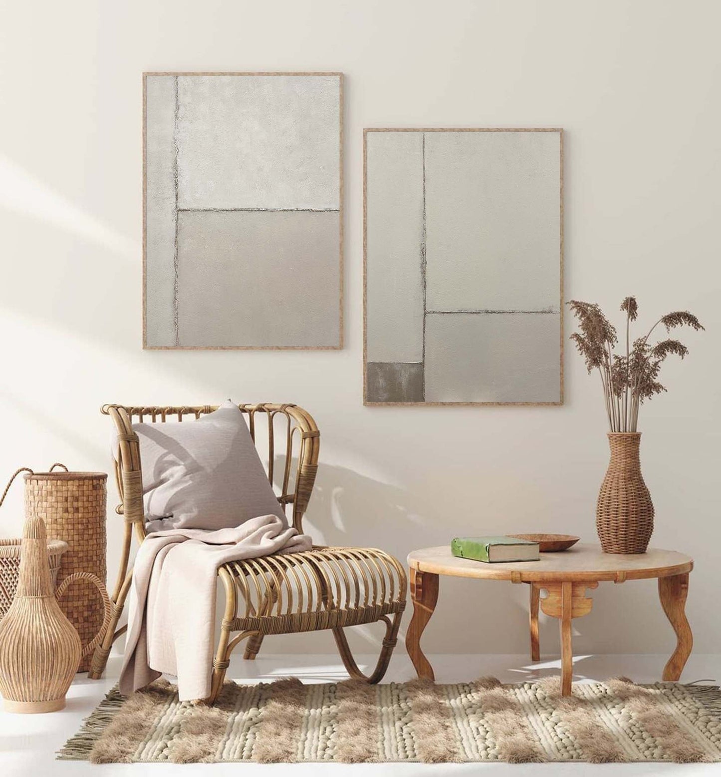 Contemporary Dual Panel Abstract Oil Painting in Soothing Neutral Tones