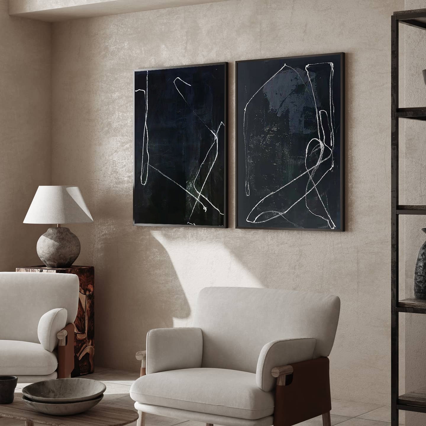 Elegant Black Abstract Oil Painting with Modern Minimalist Lines
