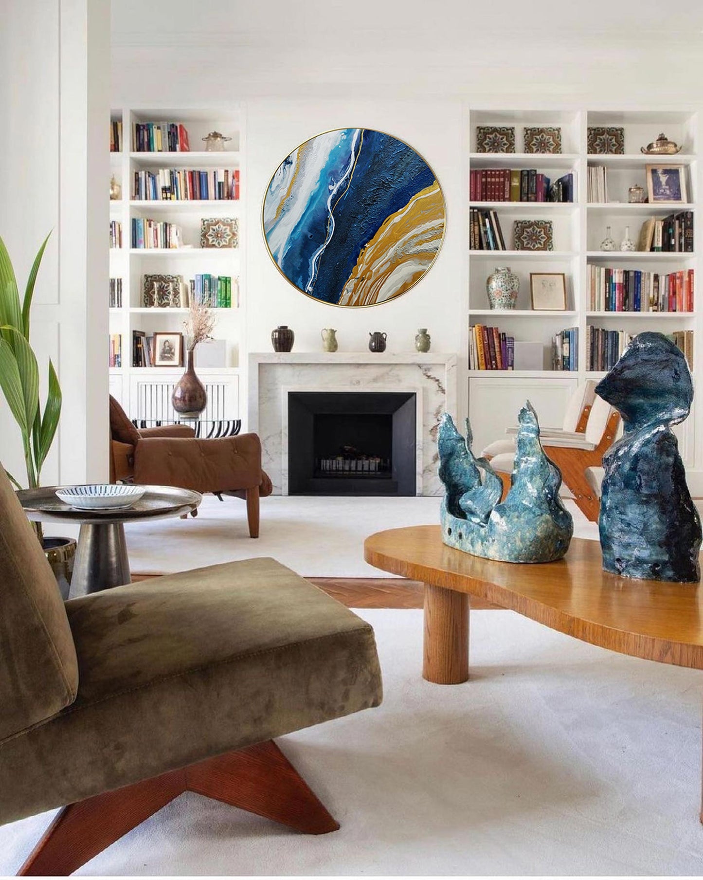Elegant Circular Abstract Ocean-Inspired Oil Painting in Blue and Gold