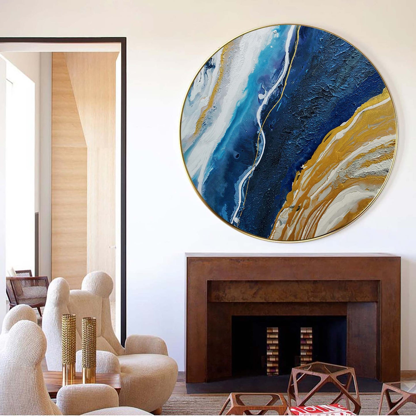 Elegant Circular Abstract Ocean-Inspired Oil Painting in Blue and Gold