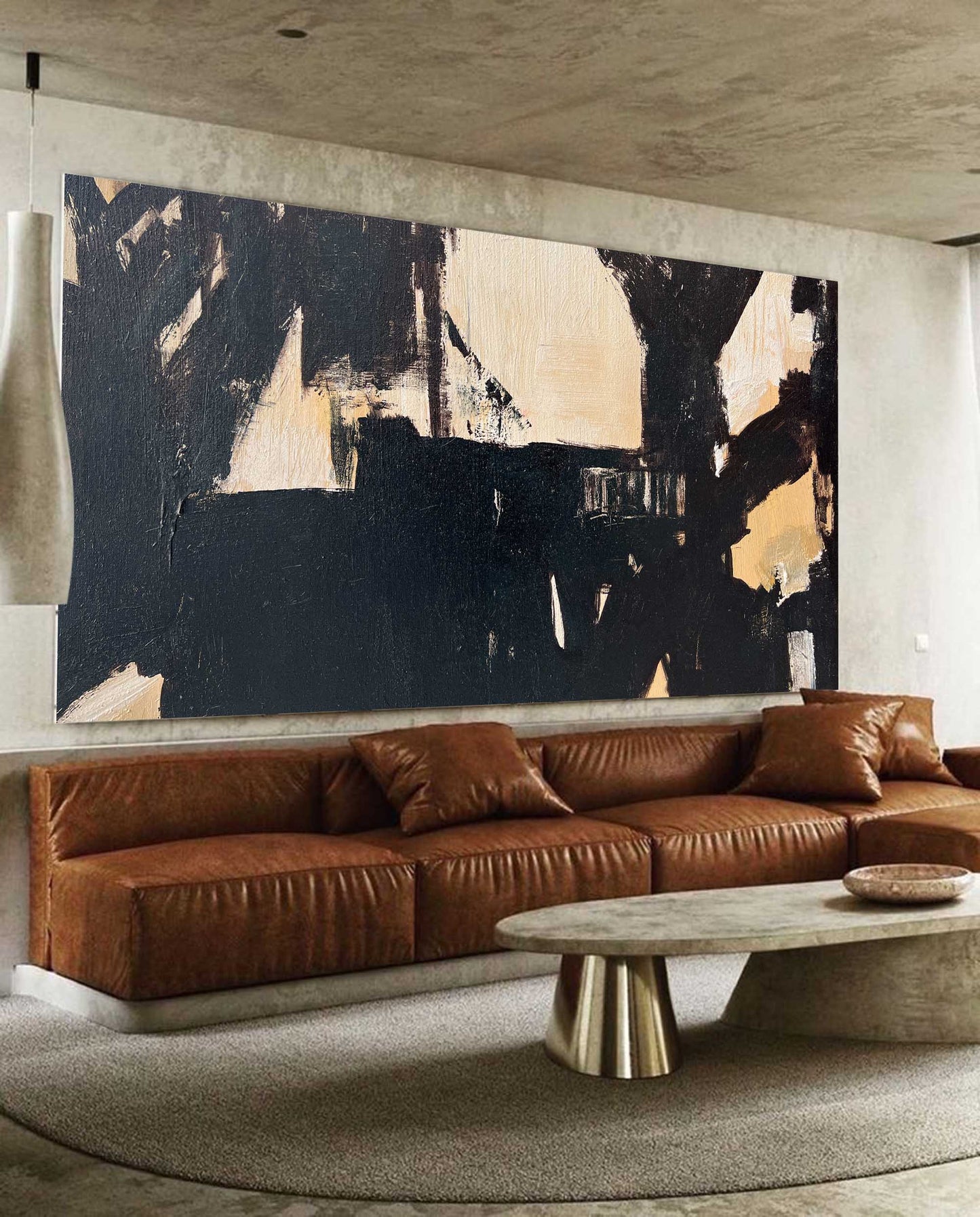 Elegant Black and Beige Minimalist Abstract Oil Painting for Modern Decor