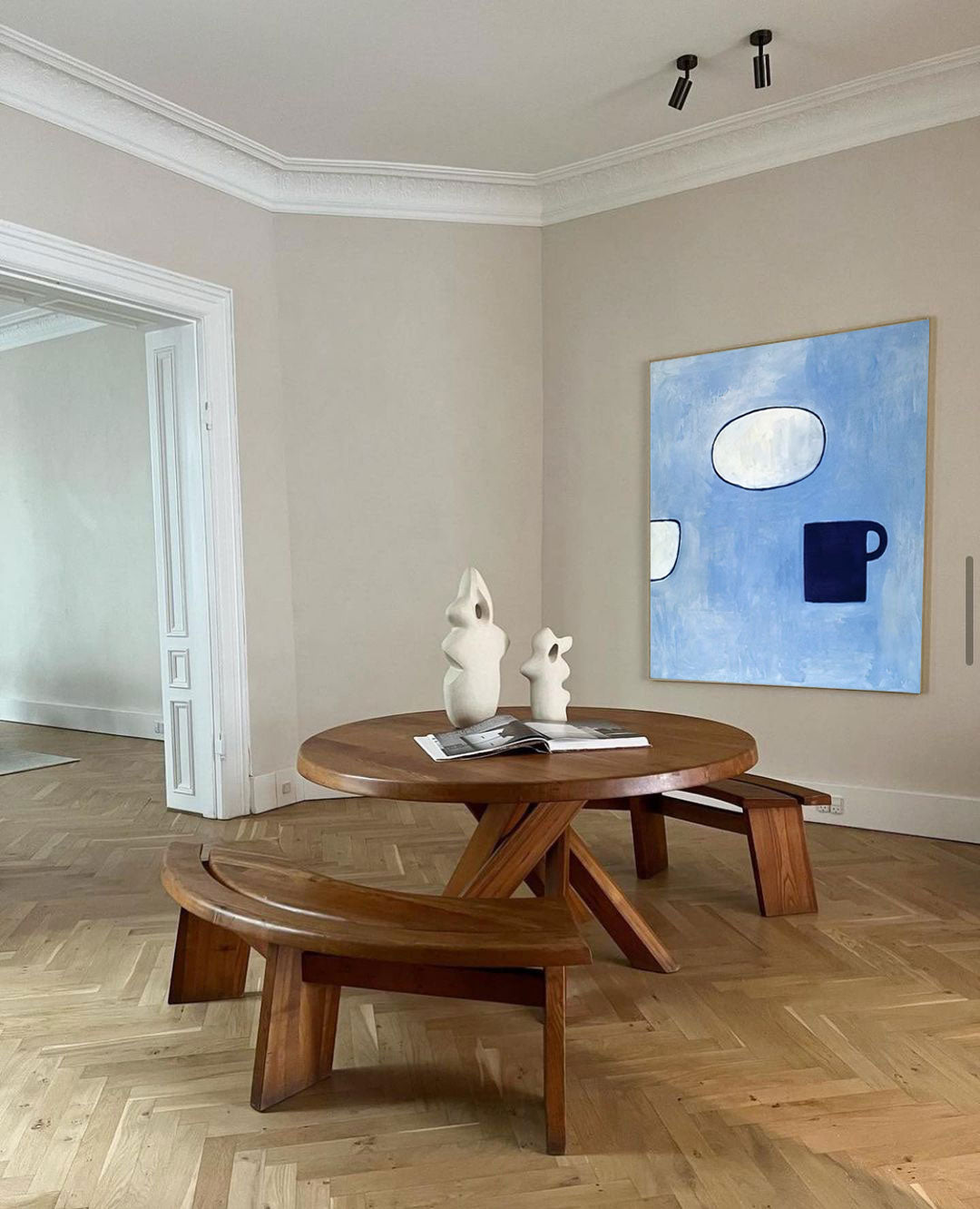Contemporary Blue Minimalist Oil Painting with Abstract Cups and Shapes
