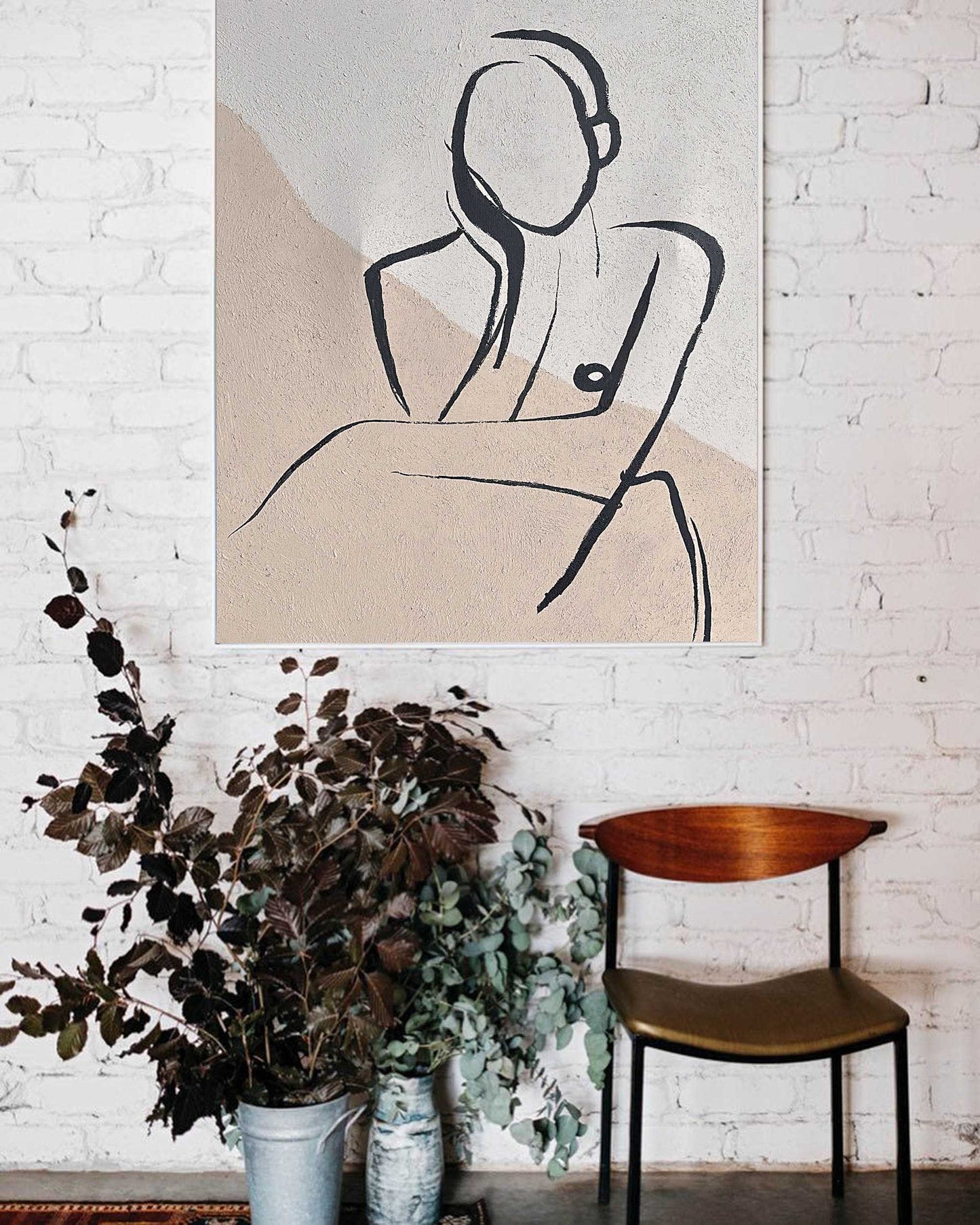 Elegant Beige Abstract Oil Painting with Minimalist Figure Art for Modern Home Decor