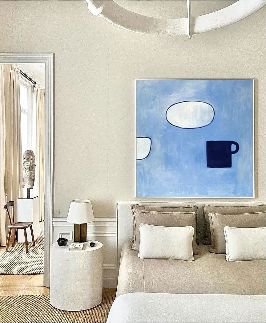 Contemporary Blue Minimalist Oil Painting with Abstract Cups and Shapes