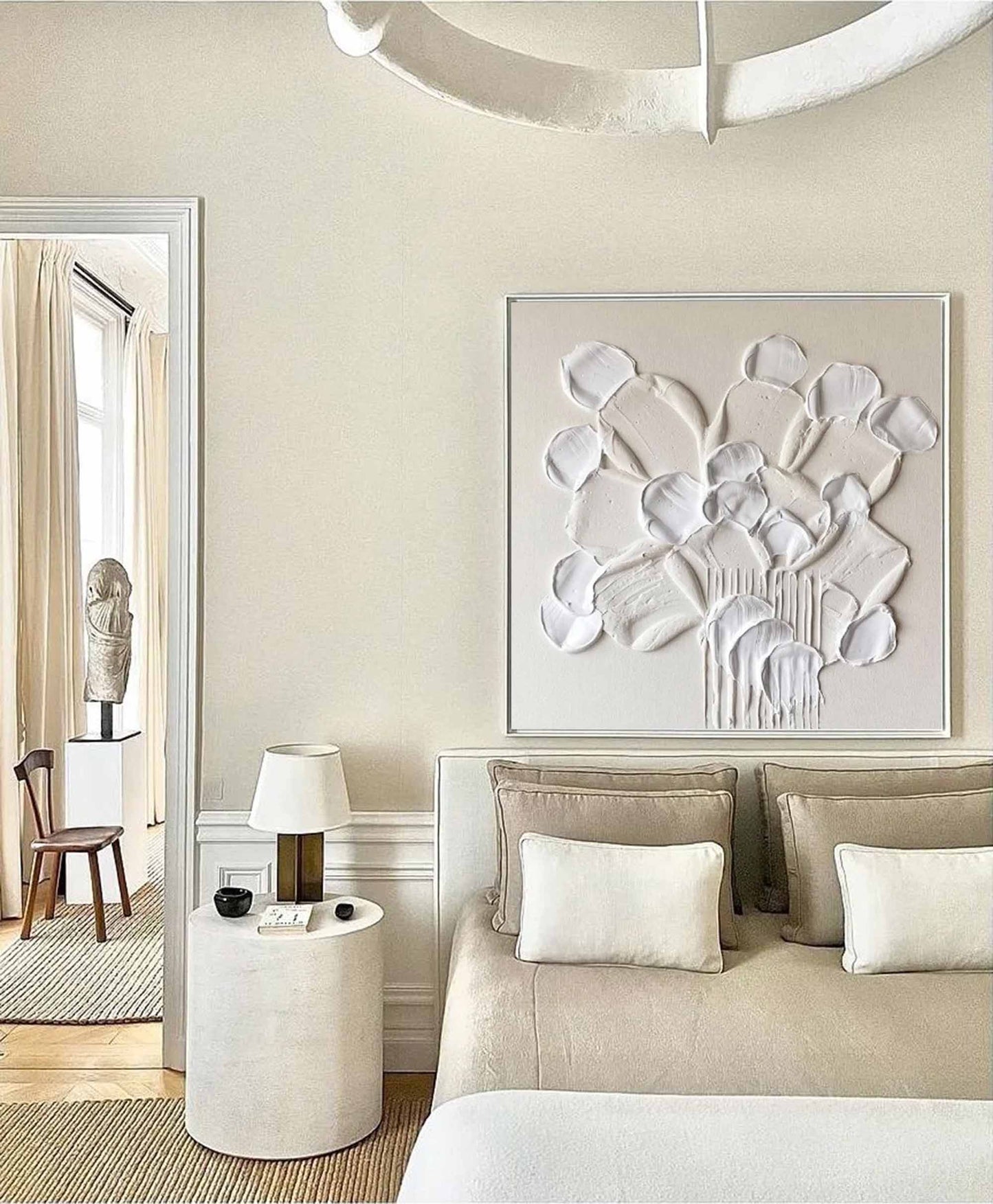 Elegant White Flower Abstract Oil Painting for Modern Home Decor