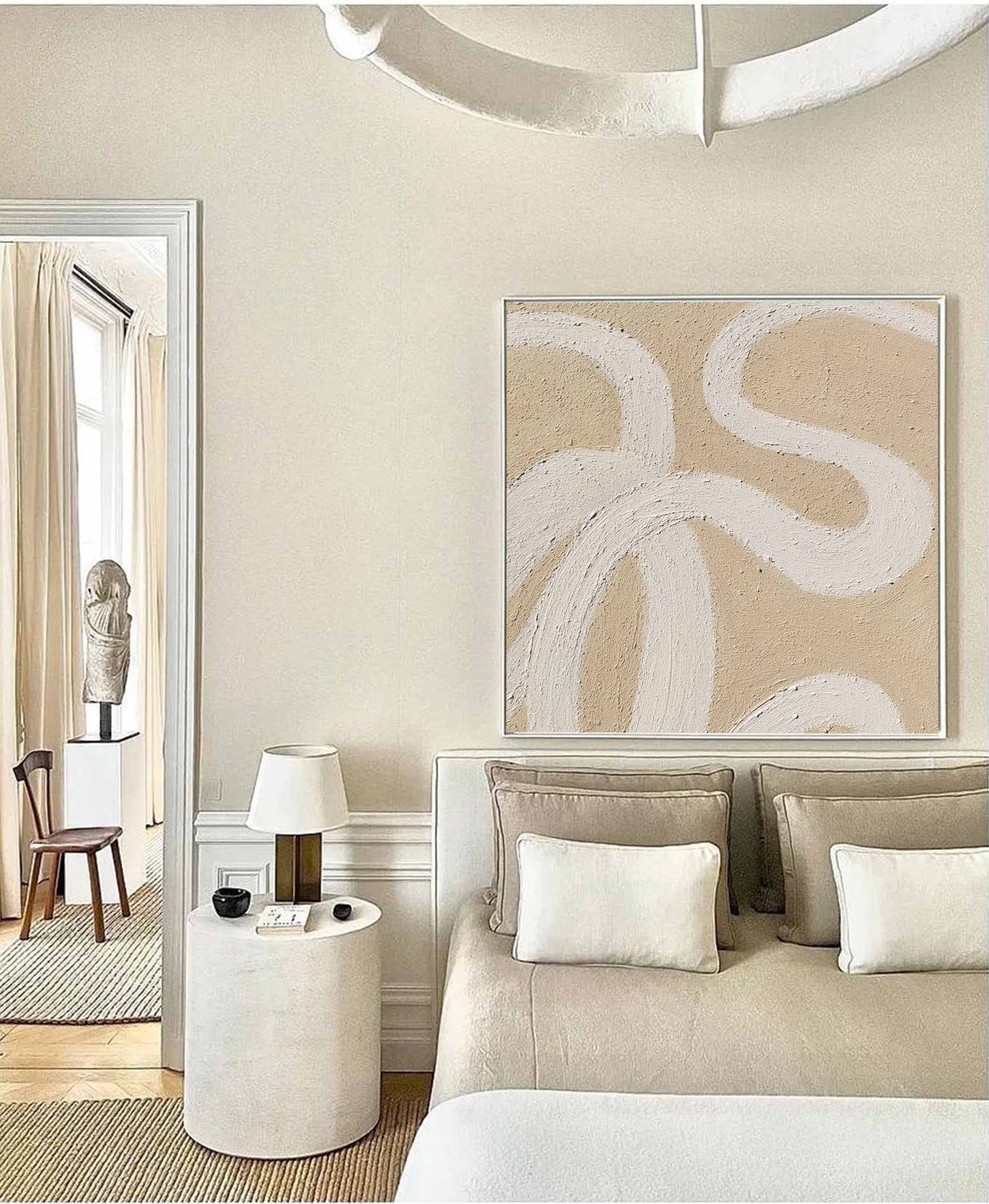 Contemporary Minimalist Line Art Oil Painting in Beige Tones for Modern Décor