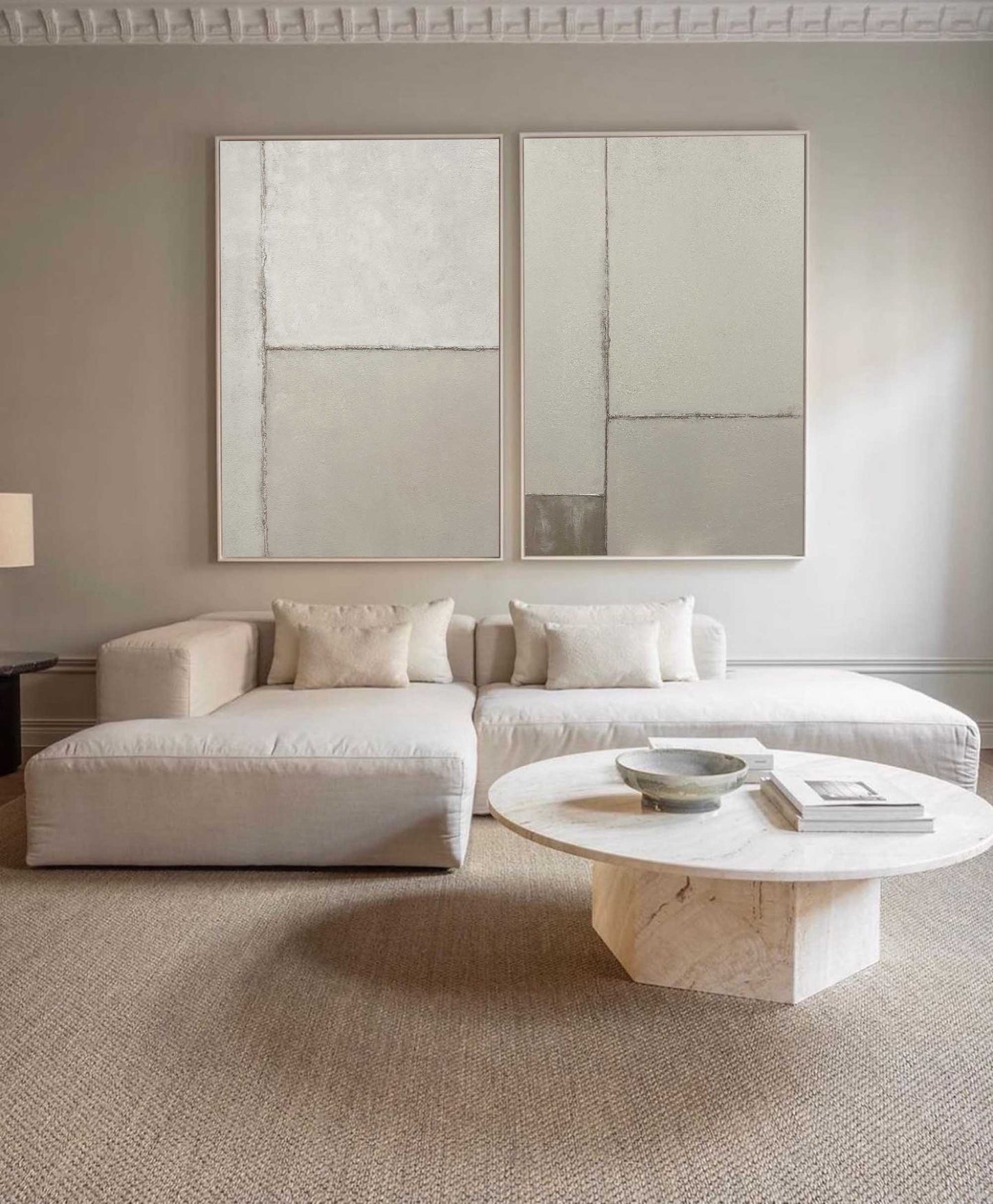 Contemporary Dual Panel Abstract Oil Painting in Soothing Neutral Tones