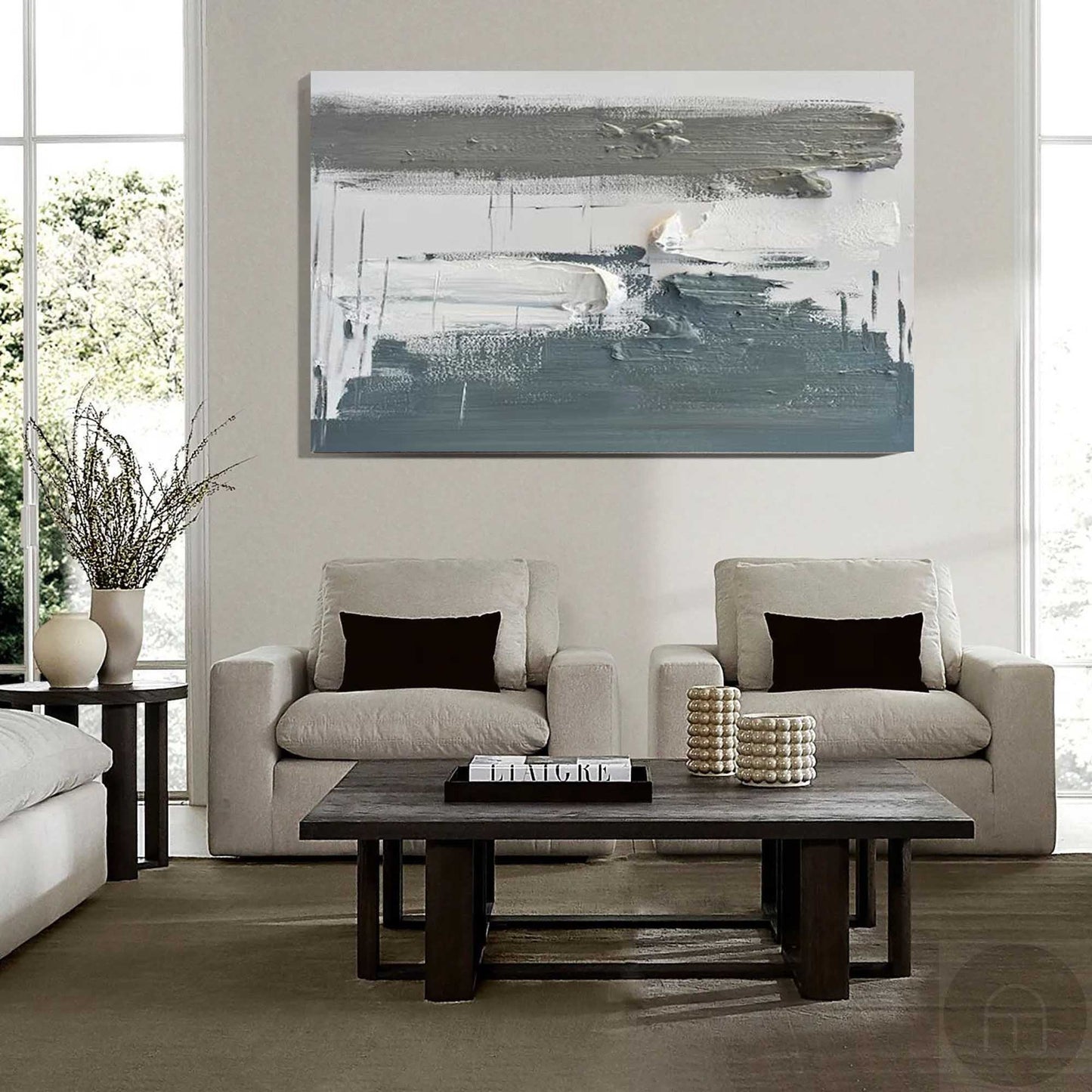 Contemporary Gray and White Abstract Oil Painting for Modern Home Decor