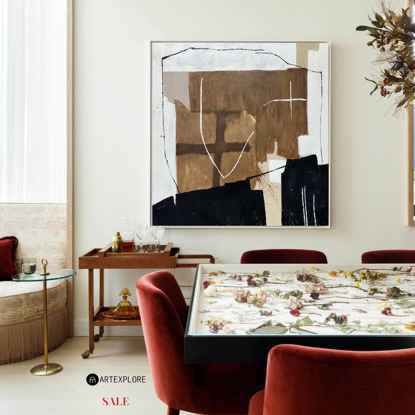 Contemporary Abstract Oil Painting with Bold Geometric Shapes and Earthy Tones