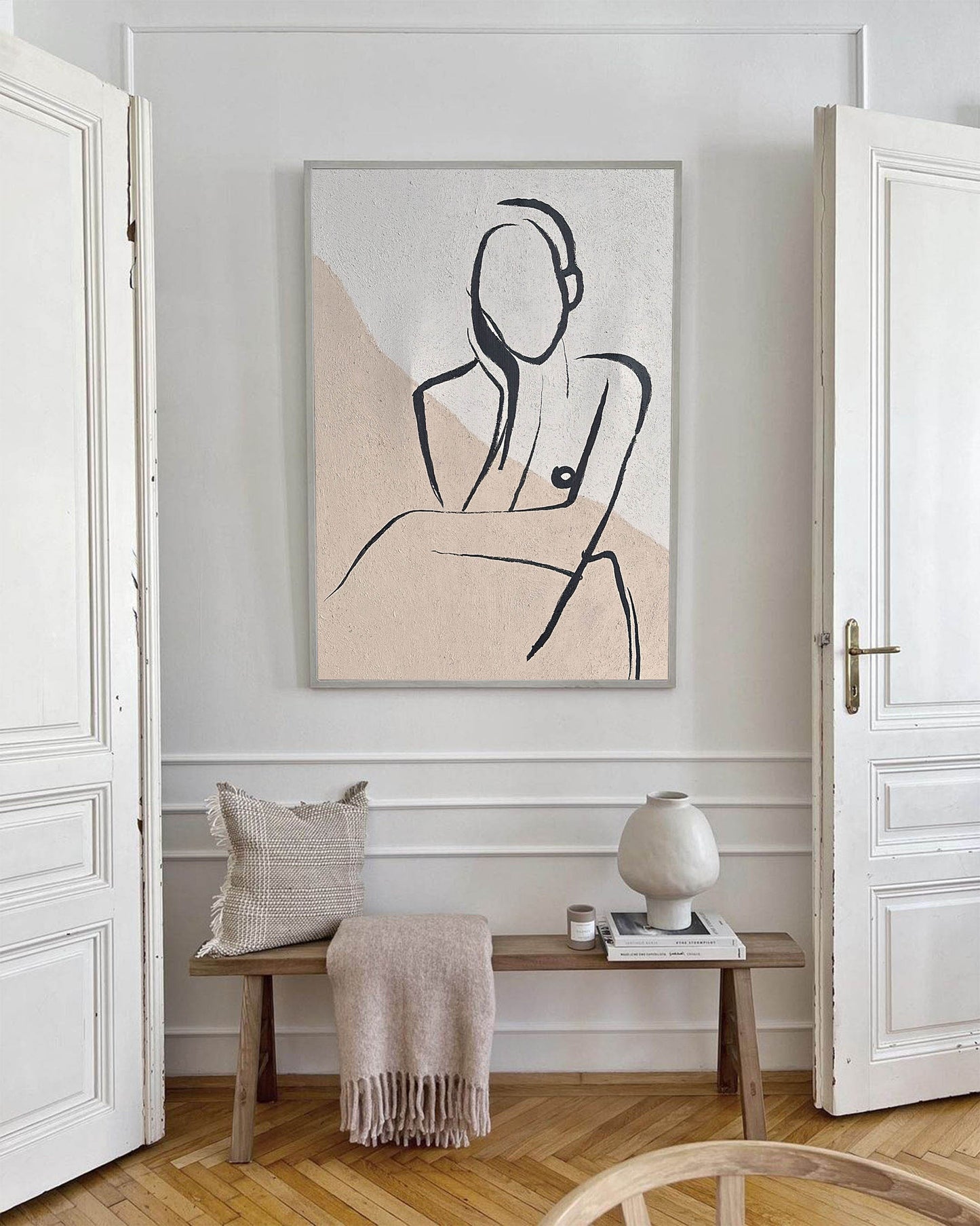 Elegant Beige Abstract Oil Painting with Minimalist Figure Art for Modern Home Decor