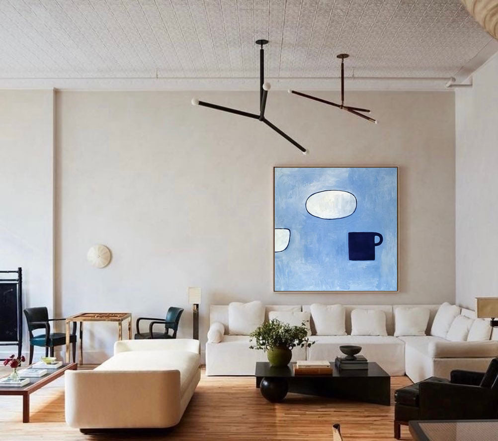 Contemporary Blue Minimalist Oil Painting with Abstract Cups and Shapes