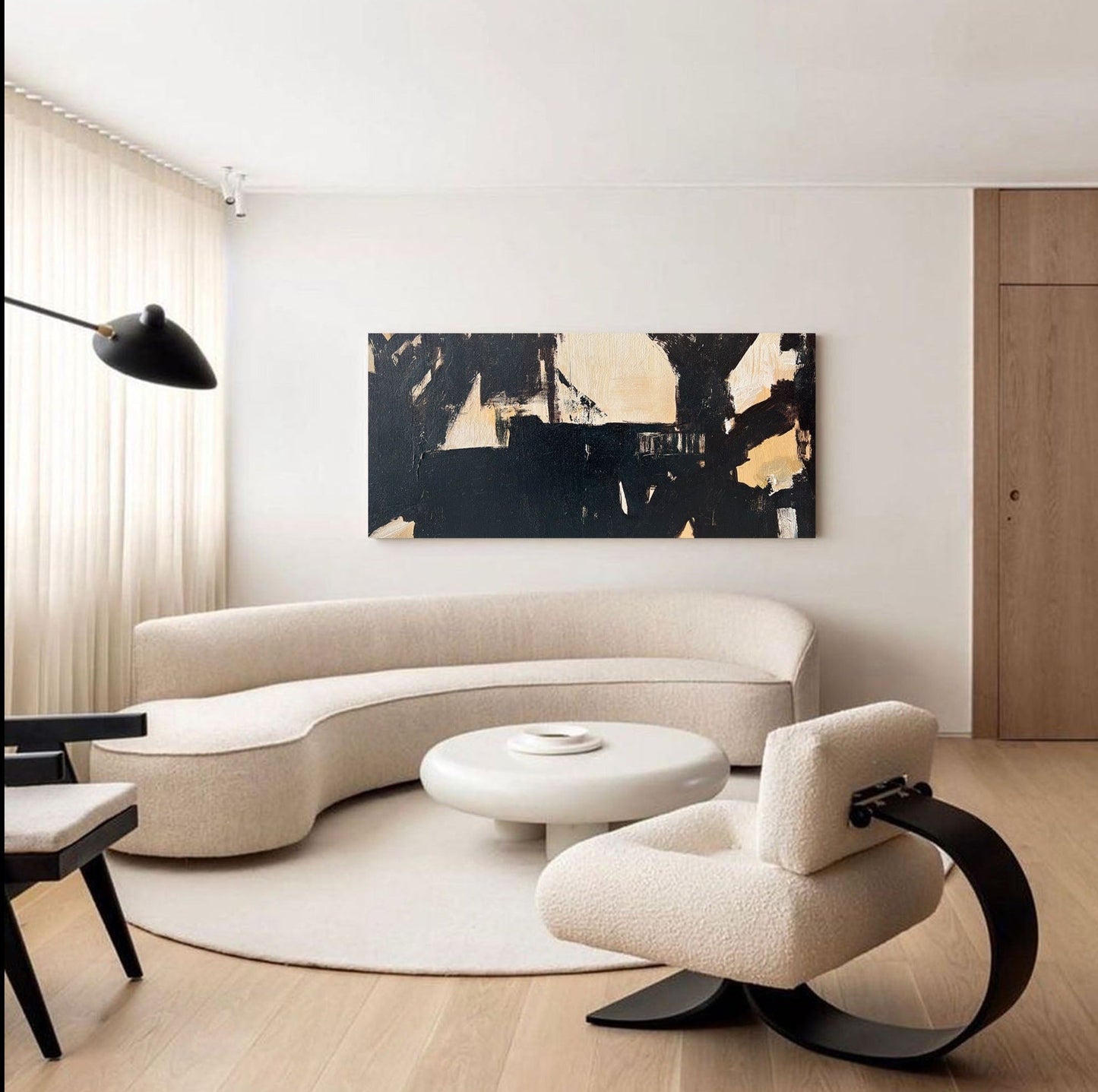 Elegant Black and Beige Minimalist Abstract Oil Painting for Modern Decor