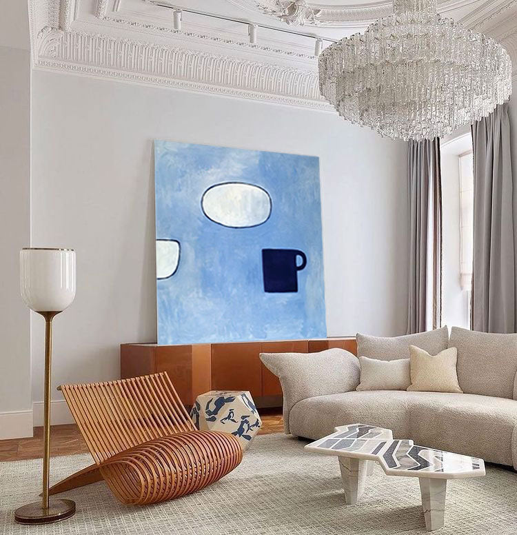 Contemporary Blue Minimalist Oil Painting with Abstract Cups and Shapes