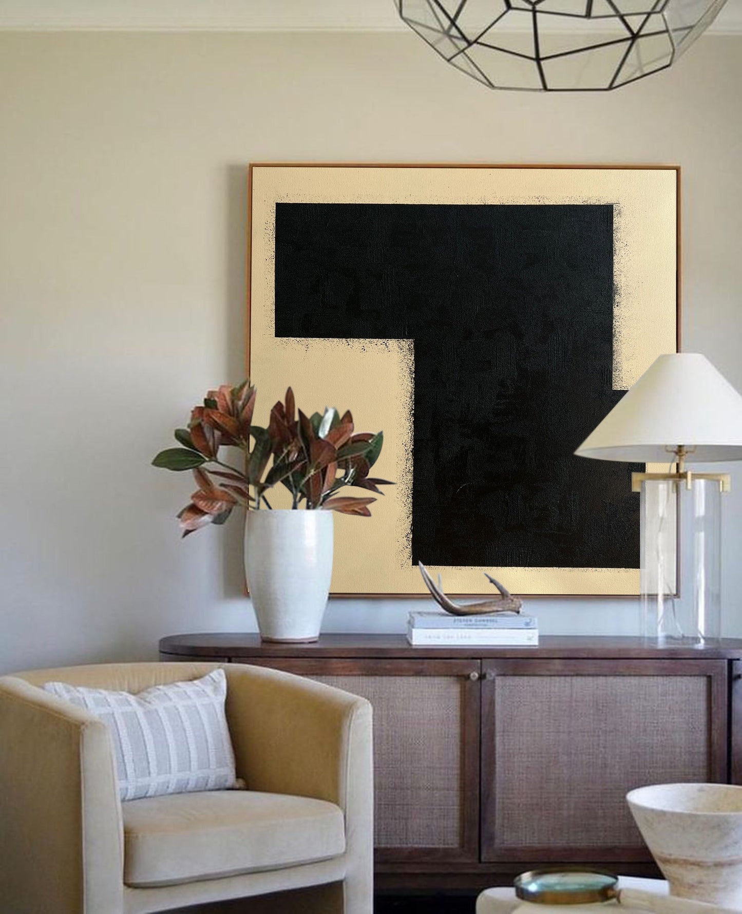 Elegant Black and Gold Minimalist Geometric Oil Painting for Modern Decor