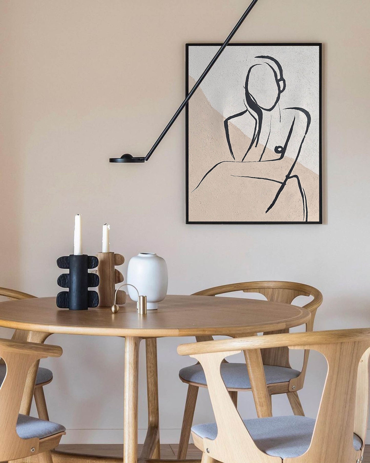 Elegant Beige Abstract Oil Painting with Minimalist Figure Art for Modern Home Decor
