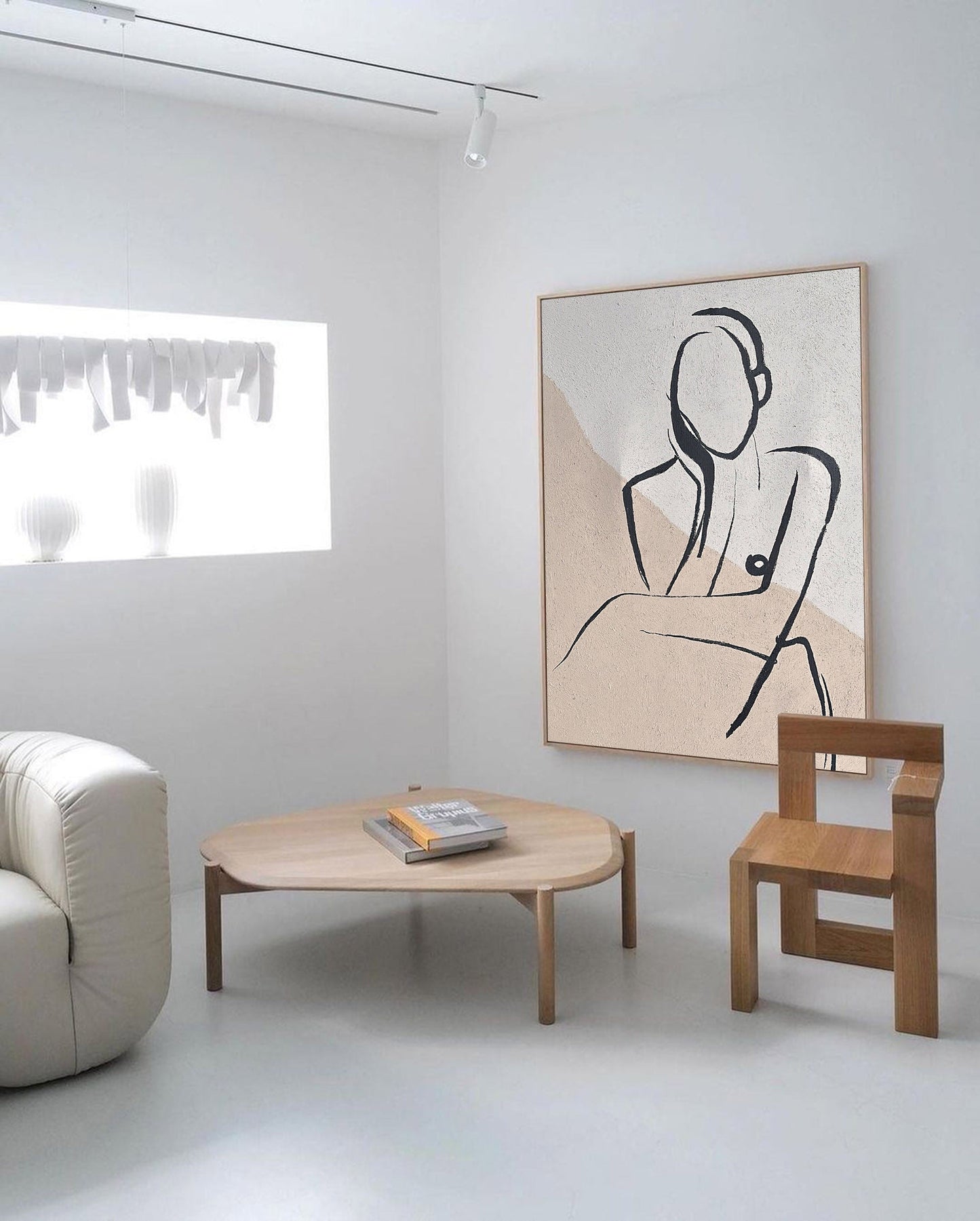 Elegant Beige Abstract Oil Painting with Minimalist Figure Art for Modern Home Decor