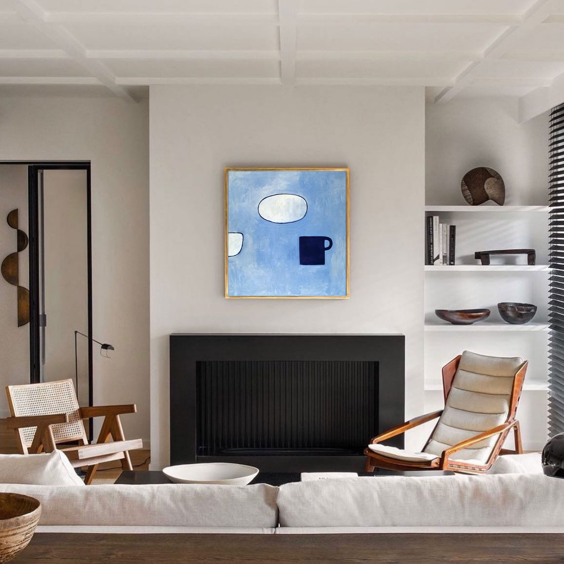 Contemporary Blue Minimalist Oil Painting with Abstract Cups and Shapes