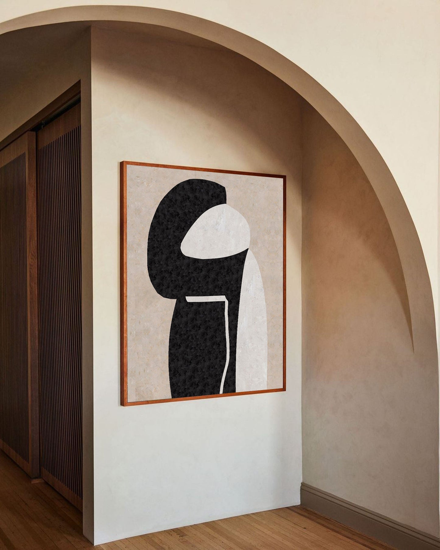 Modern Beige and Black Minimalist Abstract Oil Painting for Contemporary Decor