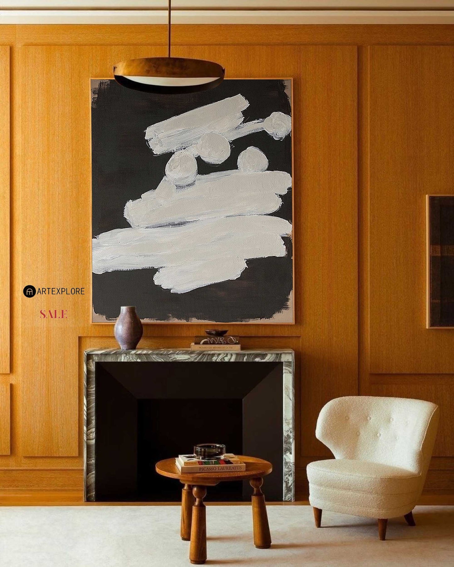 Contemporary Minimalist Abstract Oil Painting in Black and White for Modern Decor
