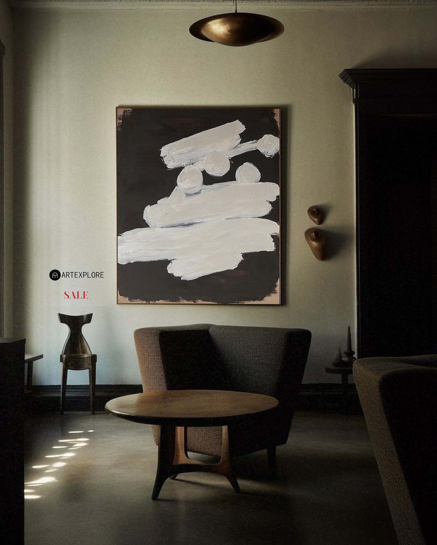 Contemporary Minimalist Abstract Oil Painting in Black and White for Modern Decor
