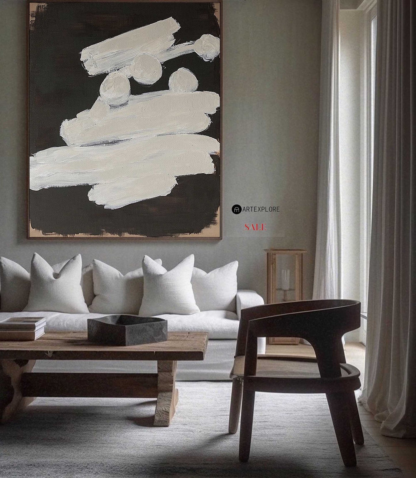 Contemporary Minimalist Abstract Oil Painting in Black and White for Modern Decor