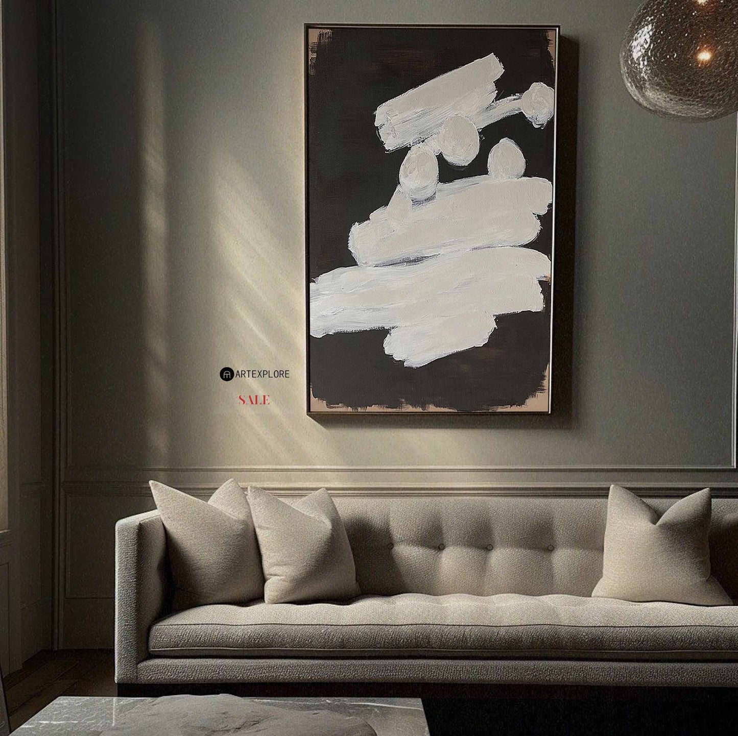 Contemporary Minimalist Abstract Oil Painting in Black and White for Modern Decor