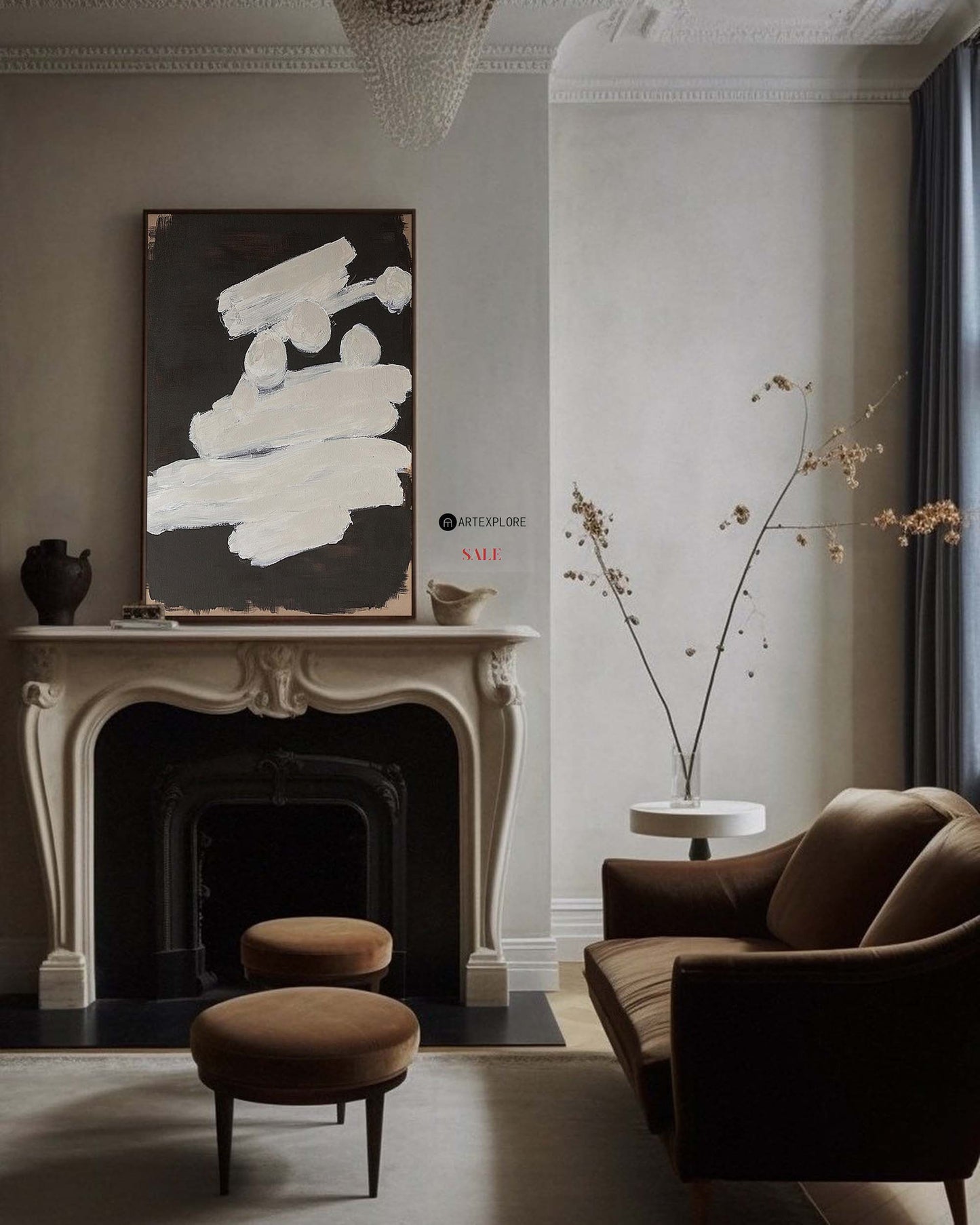 Contemporary Minimalist Abstract Oil Painting in Black and White for Modern Decor