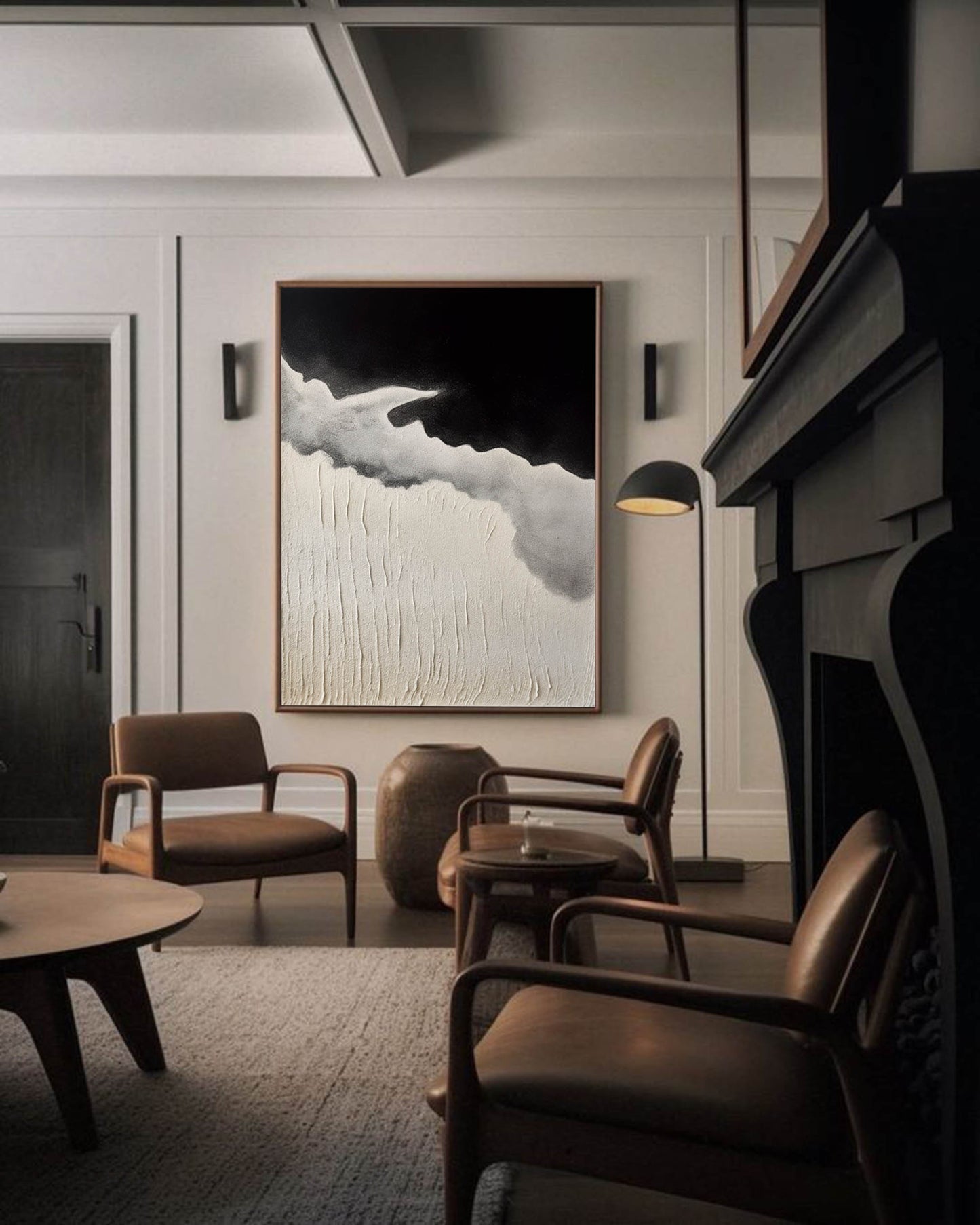 Modern Black and Beige Coastal Seascape Oil Painting for Contemporary Decor