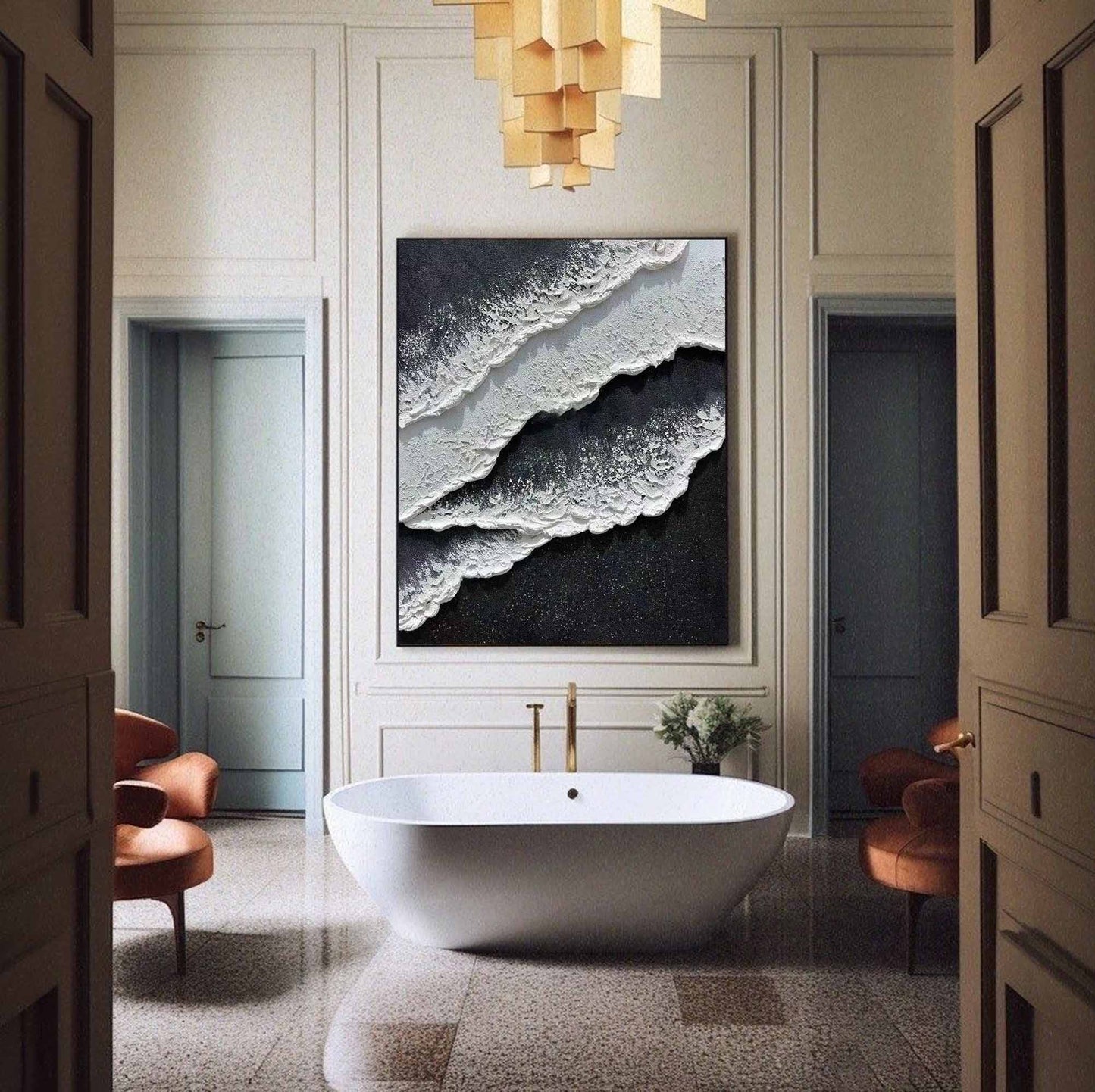 Monochrome Seascape Oil Painting with Textured Waves and Elegance