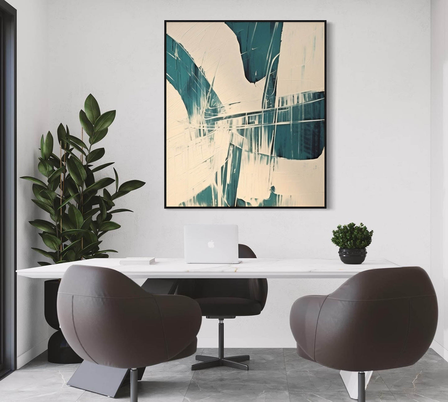 Abstract Teal and White Oil Painting for Modern Minimalist Decor