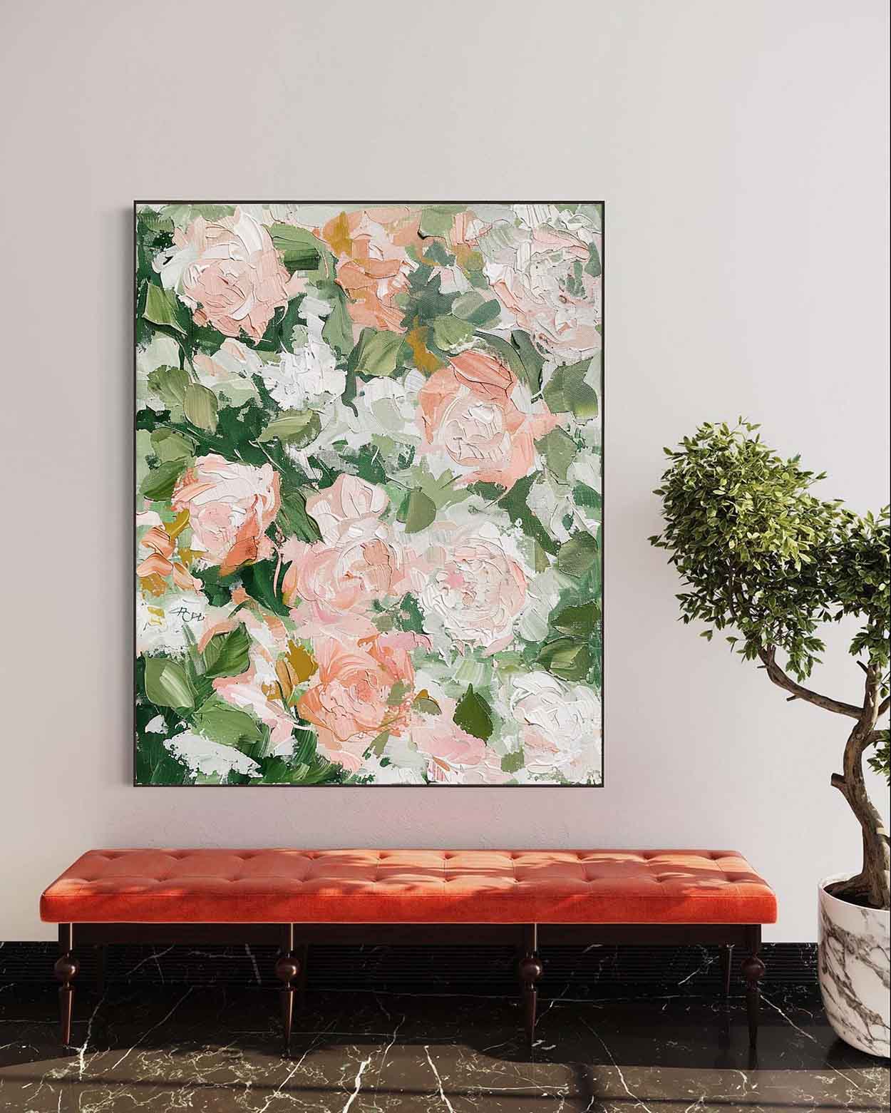 Vibrant Floral Oil Painting with Soft Pink Roses and Lush Greenery