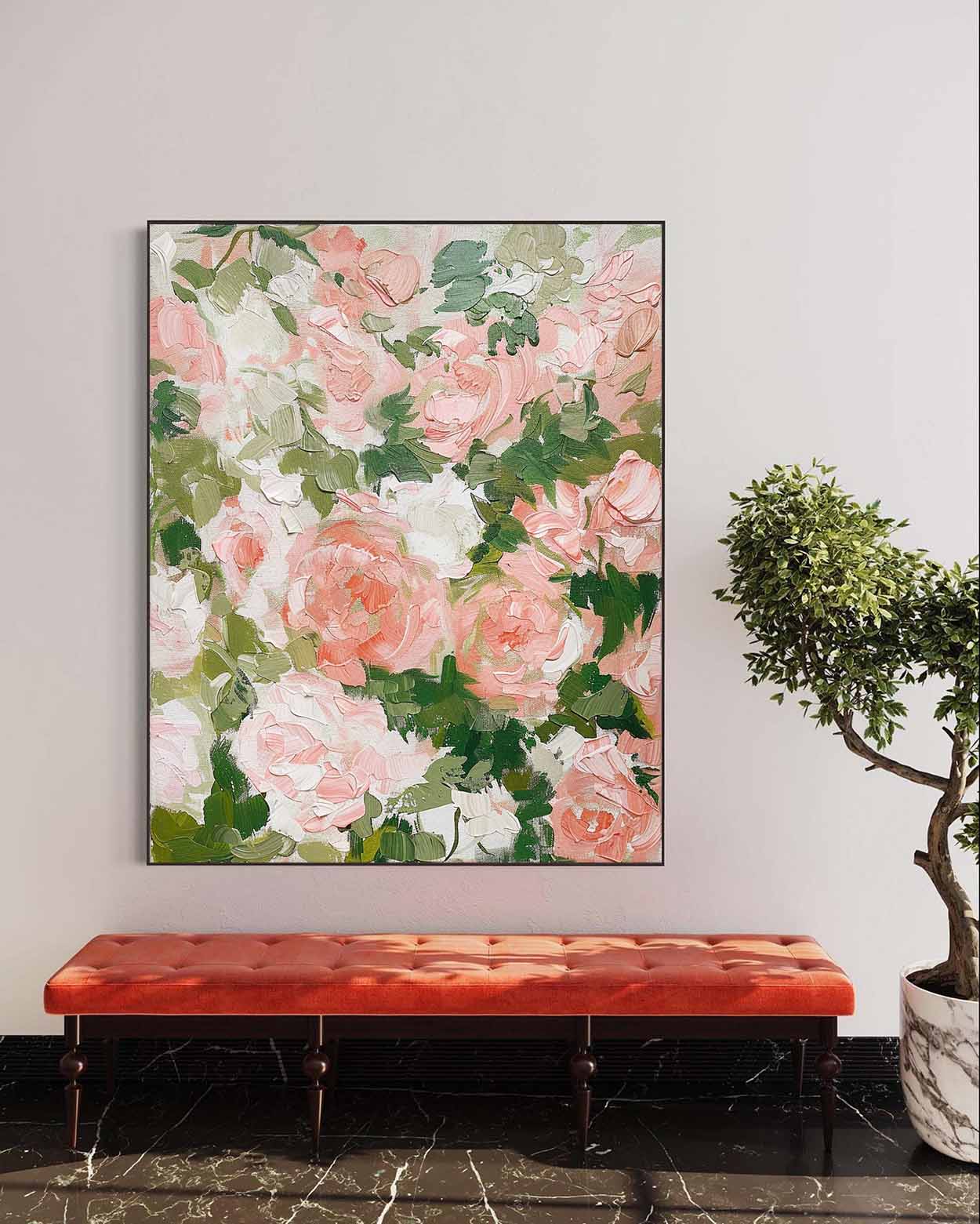 Vibrant Floral Oil Painting with Pink Roses and Green Leaves for Elegant Home Decor