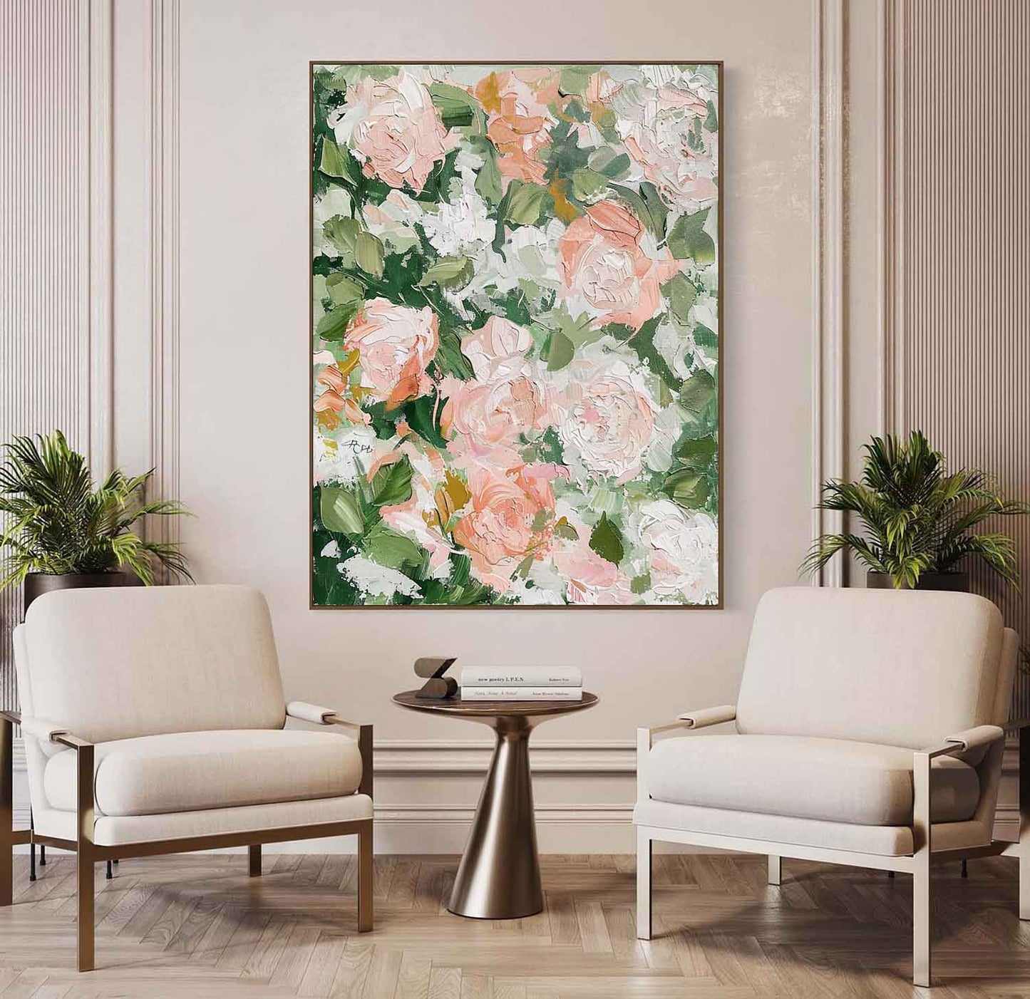 Vibrant Floral Oil Painting with Soft Pink Roses and Lush Greenery