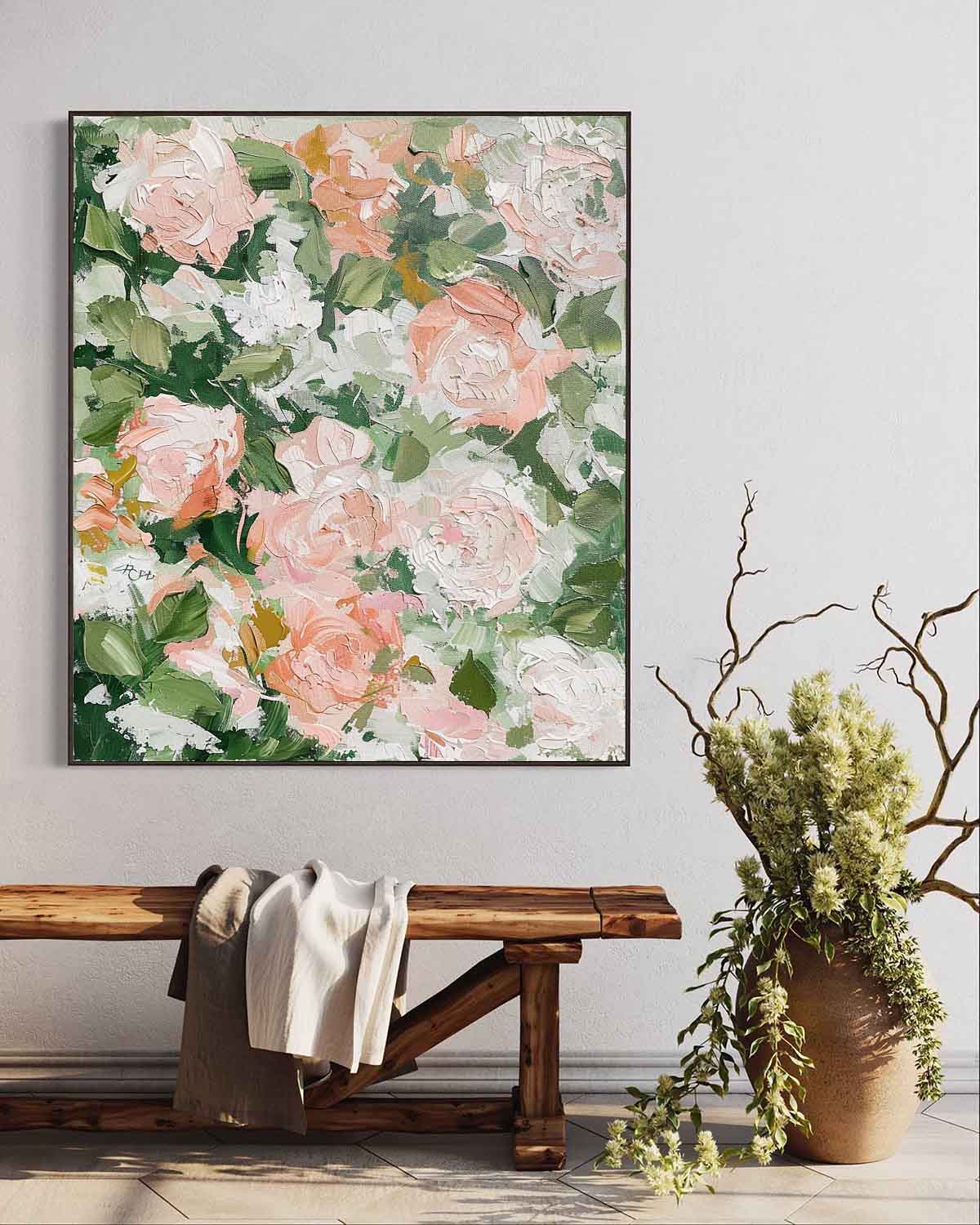 Vibrant Floral Oil Painting with Soft Pink Roses and Lush Greenery