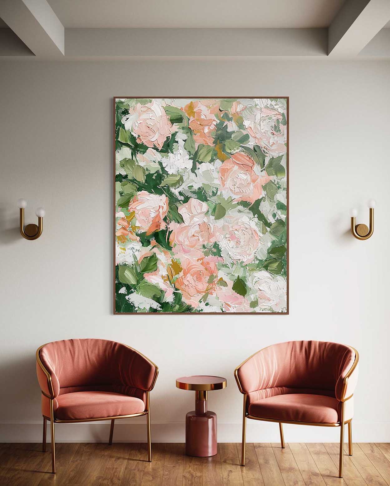 Vibrant Floral Oil Painting with Soft Pink Roses and Lush Greenery