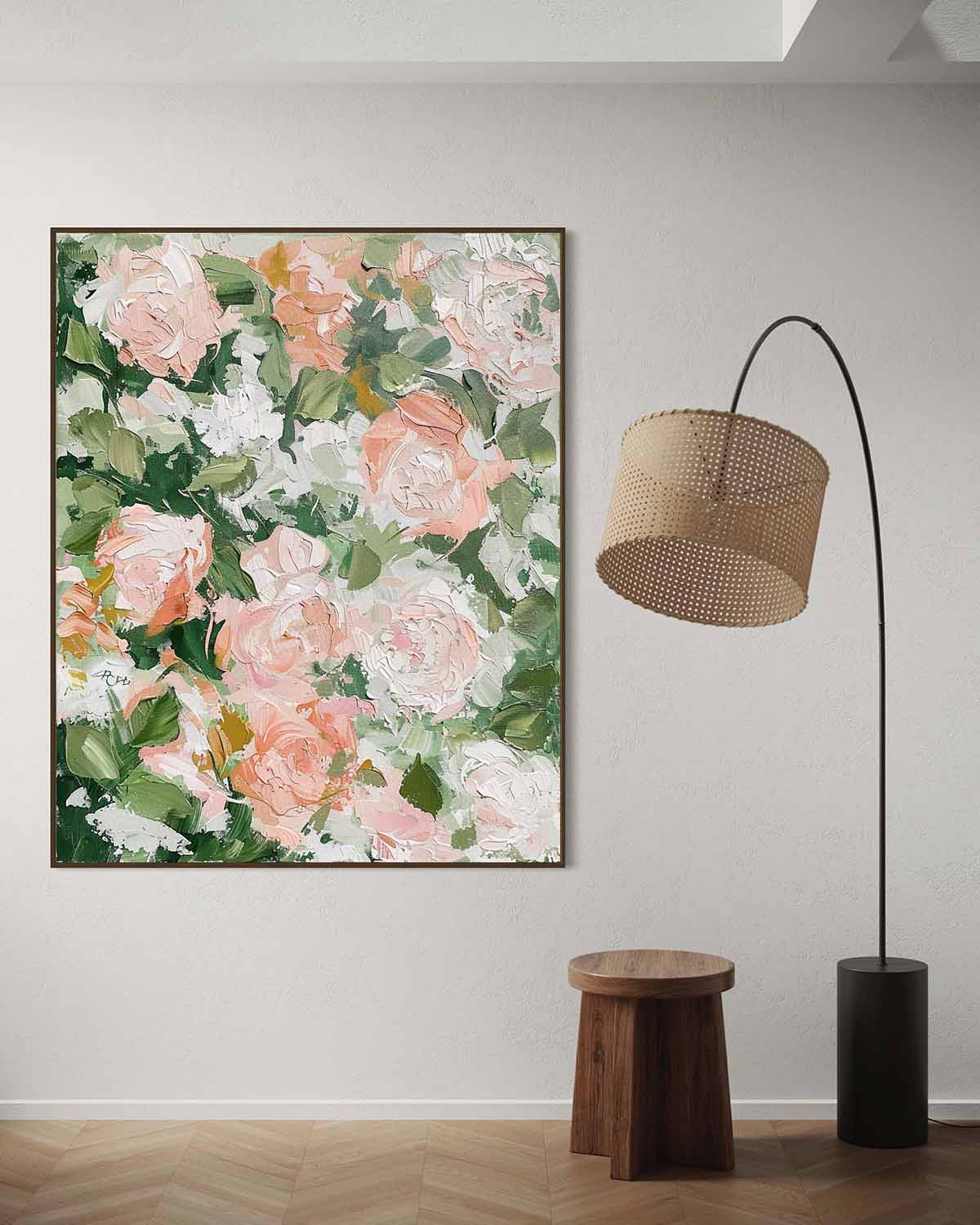 Vibrant Floral Oil Painting with Soft Pink Roses and Lush Greenery