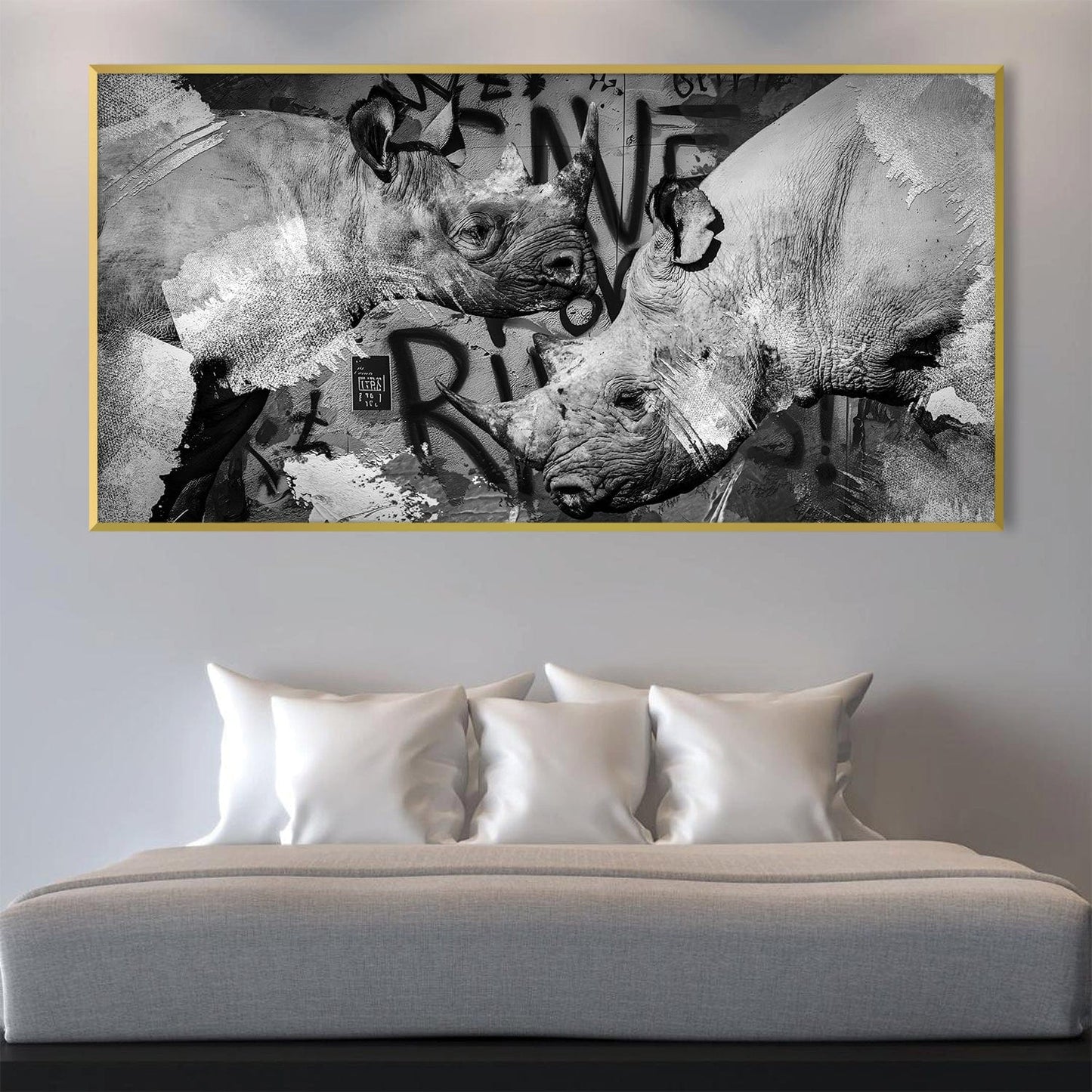 Contemporary Black and White Rhinos Abstract Oil Painting for Urban Décor