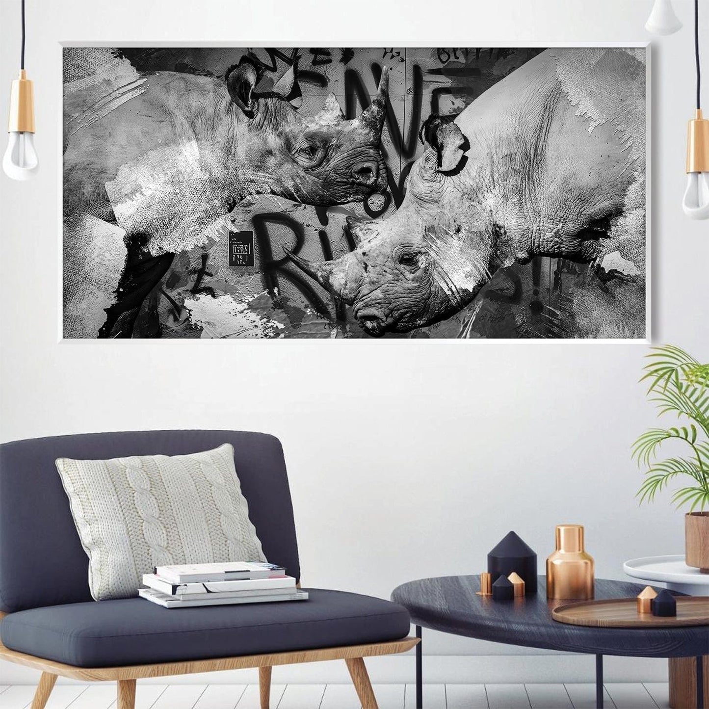Contemporary Black and White Rhinos Abstract Oil Painting for Urban Décor