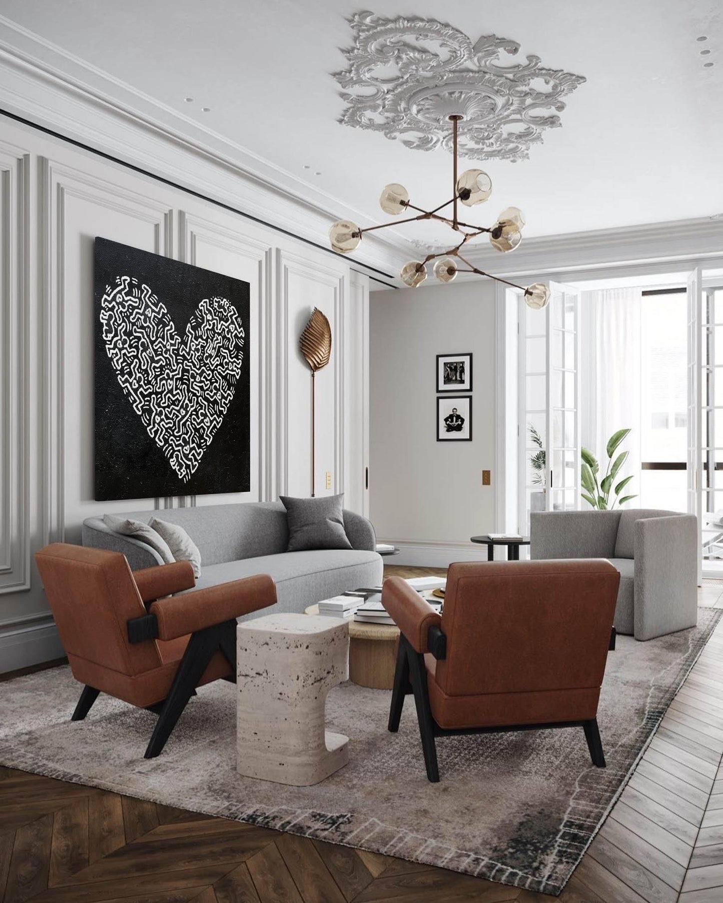Abstract Heart Oil Painting in Bold Black and White Haring-Inspired Style