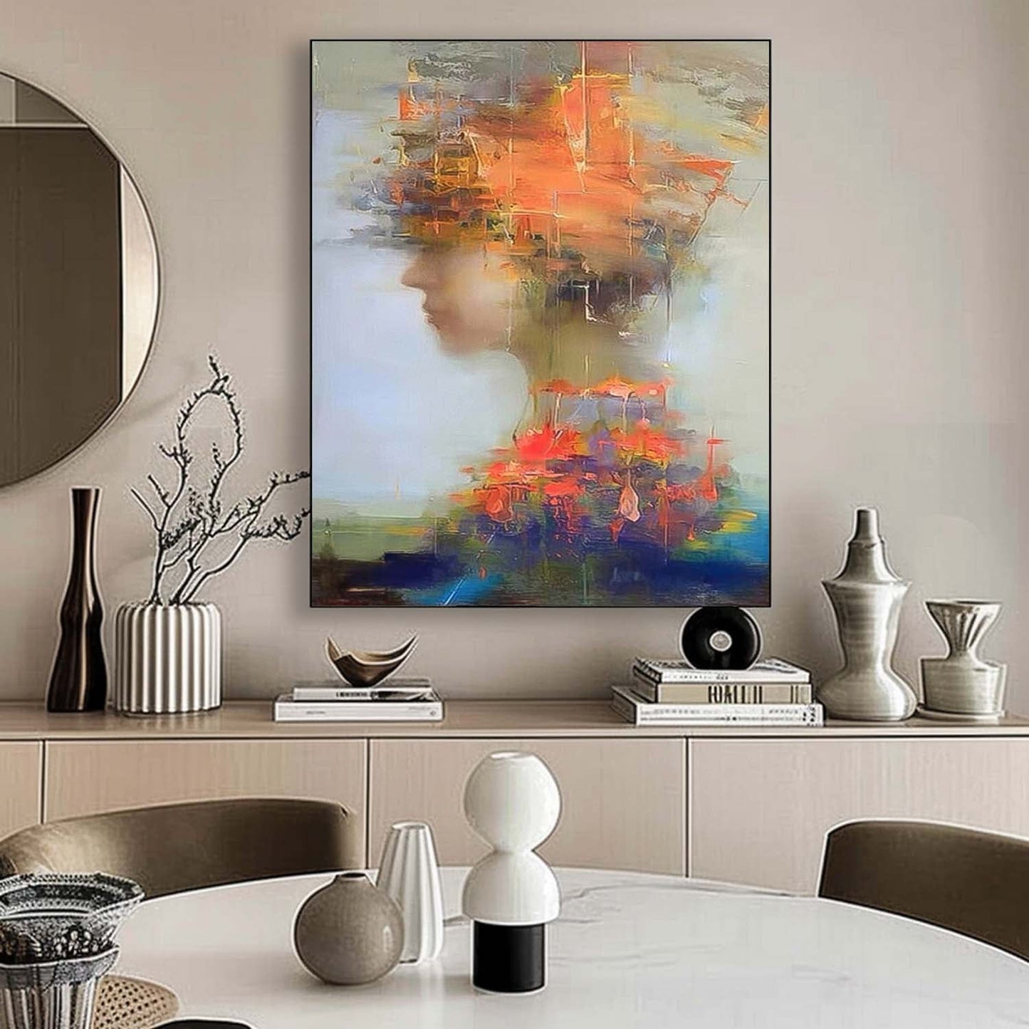 Abstract Oil Painting of a Woman with Vibrant Colors and Expressions