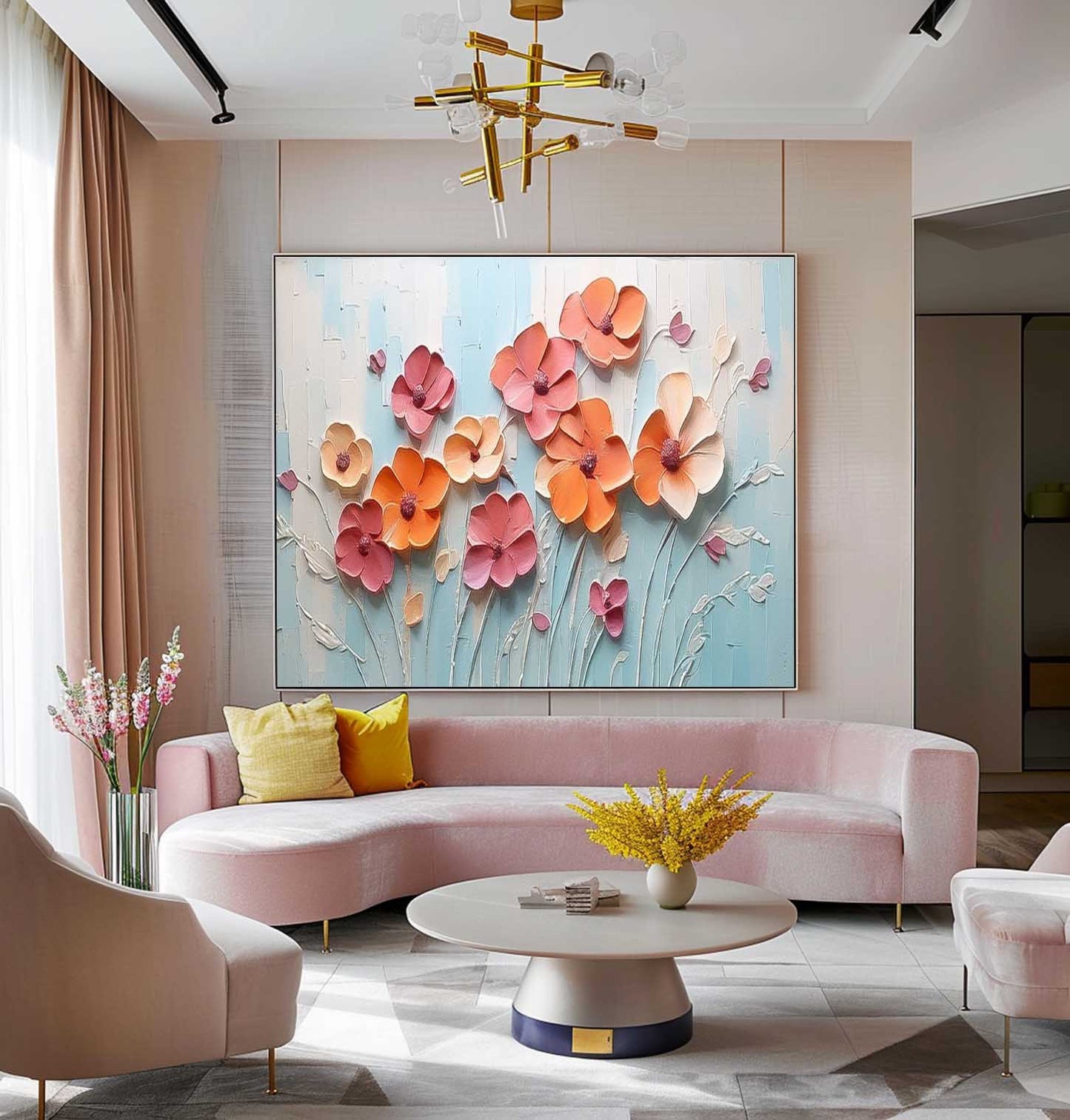 Vibrant Floral Oil Painting with Textured Blossoms on Light Blue Background