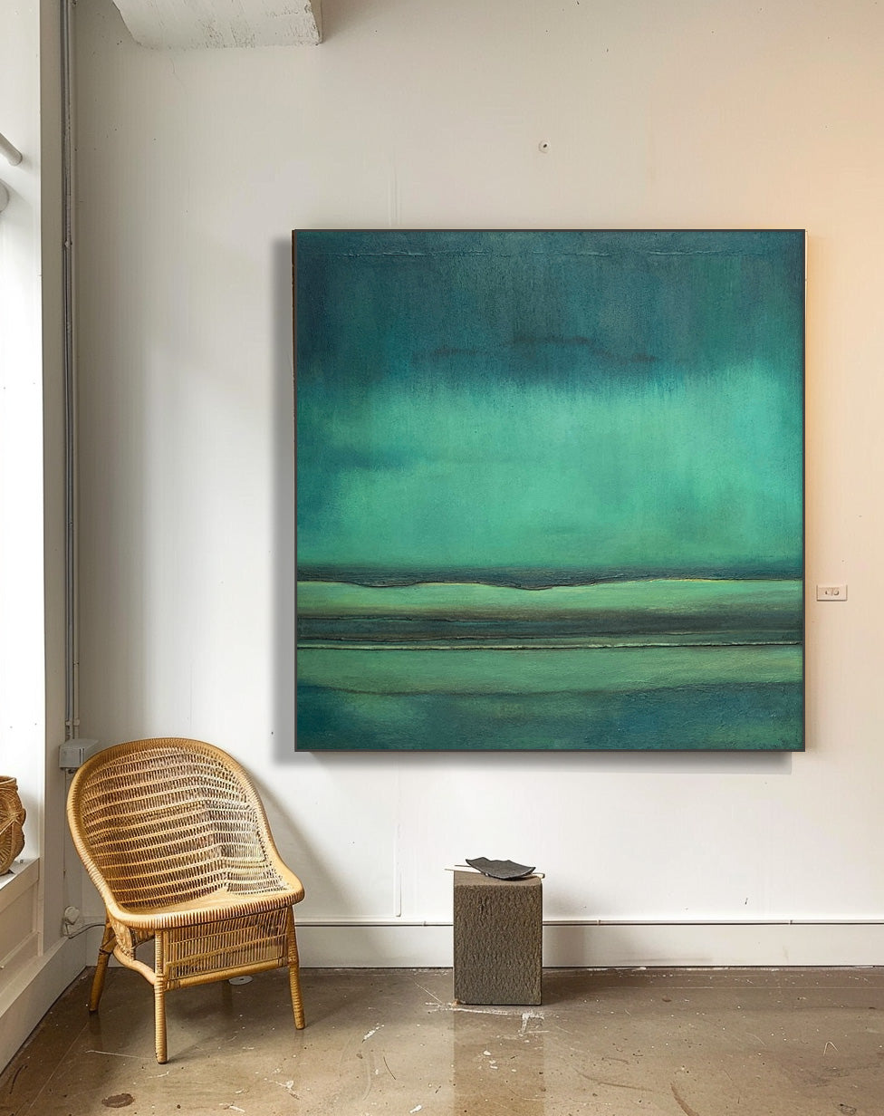 Serene Minimalist Oil Painting with Tranquil Green Tones for Modern Decor