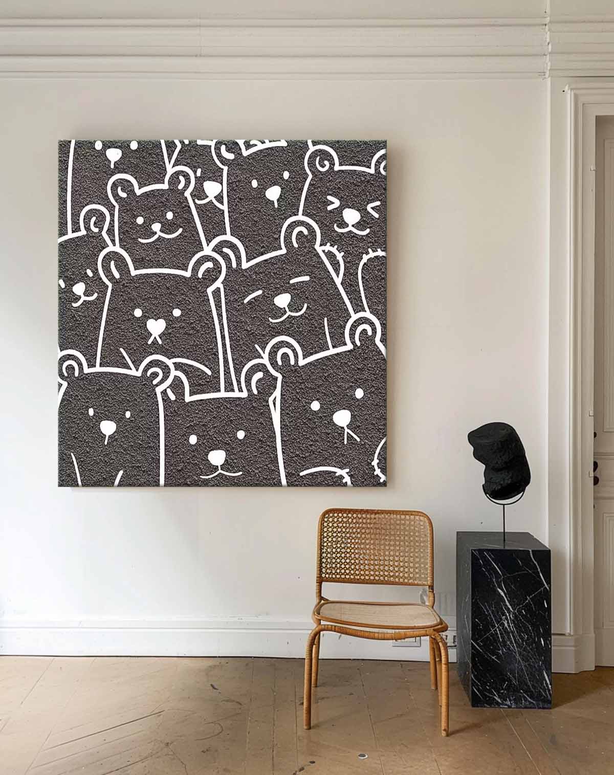 Charming Bear Faces Minimalist Oil Painting for Playful Home Decor