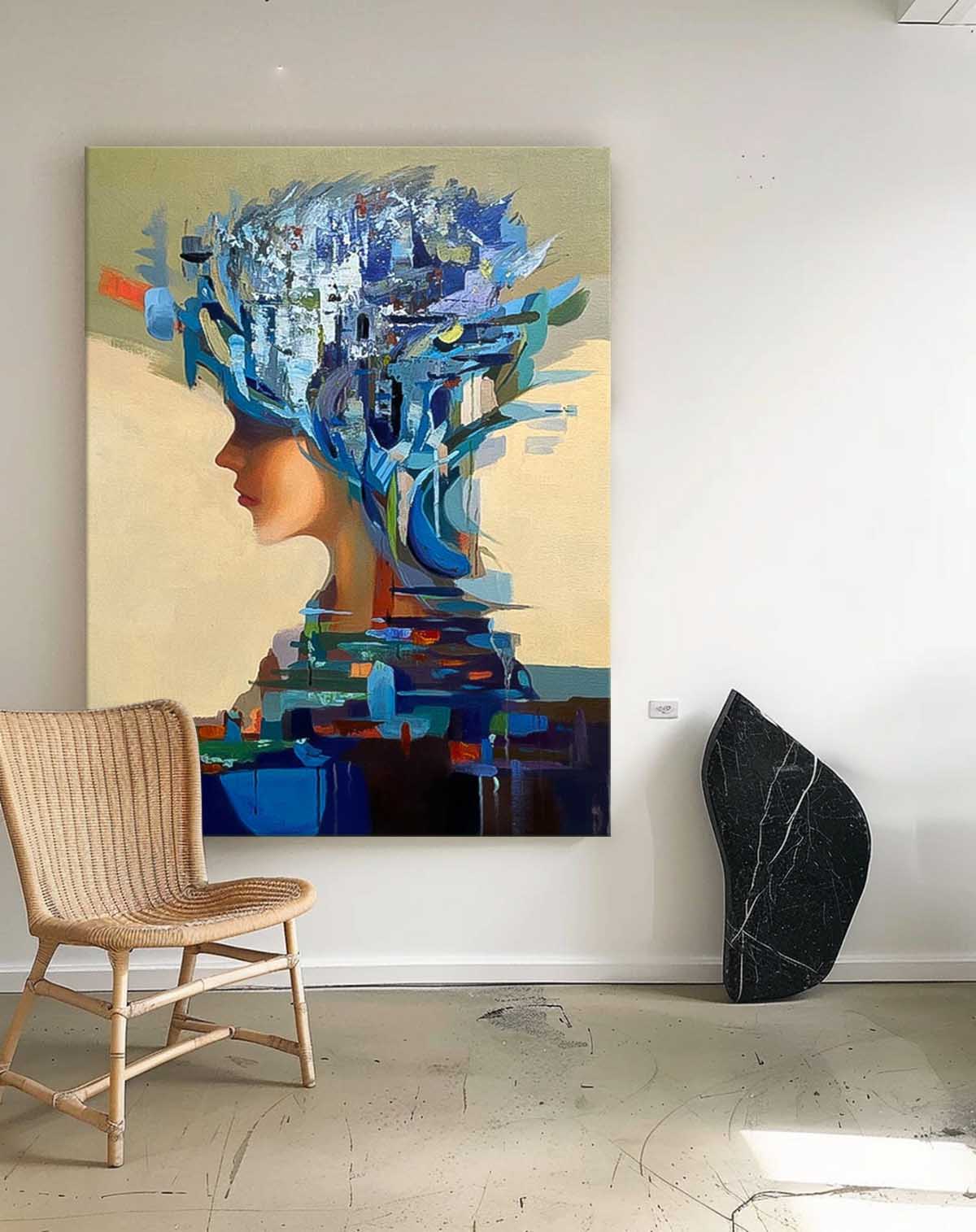 Abstract Woman's Profile Oil Painting with Vibrant Colors and Artistic Flair