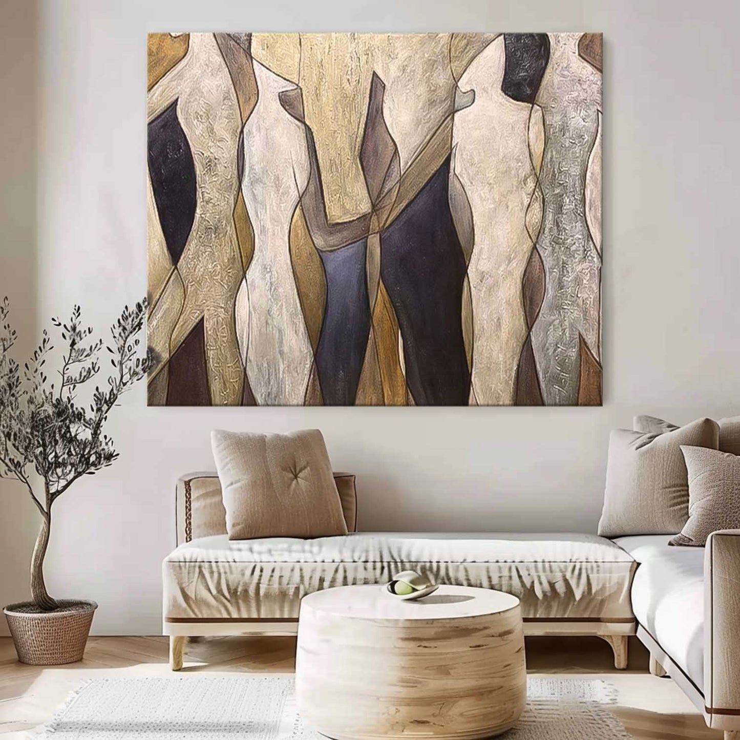 Contemporary Abstract Oil Painting of Figures in Earthy Tones for Modern Decor