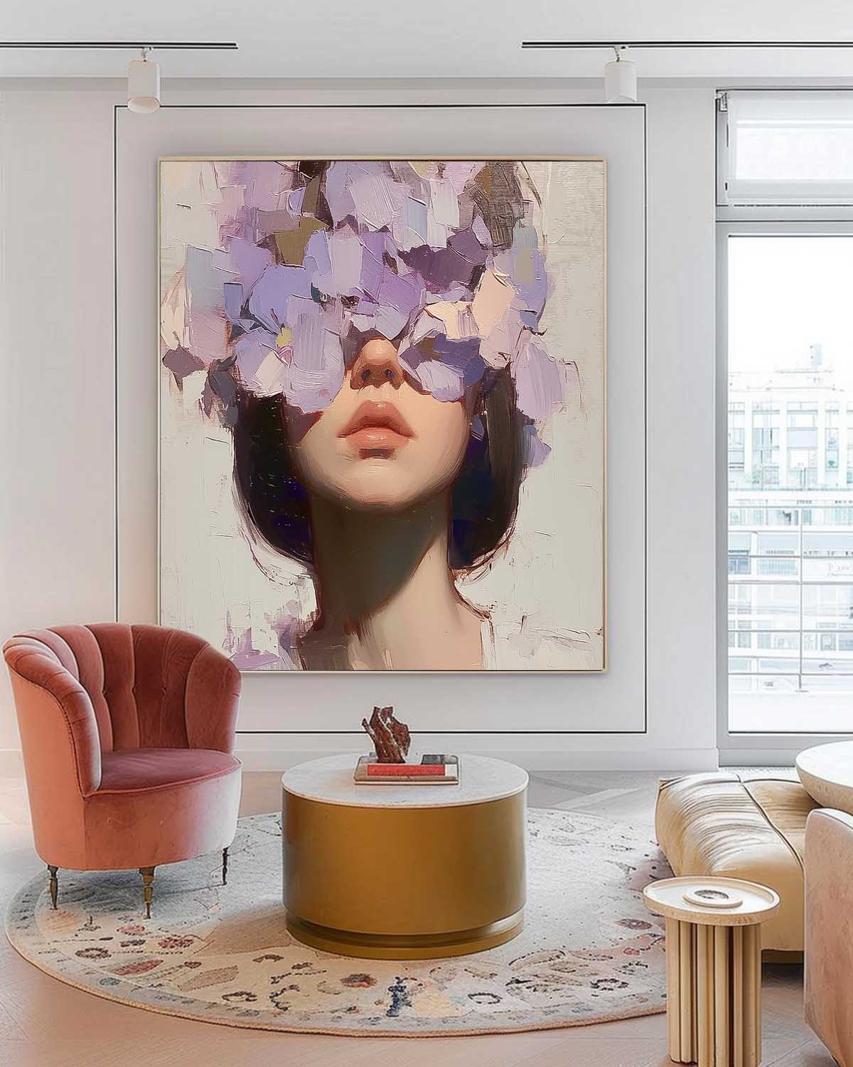 Floral Concealment: Stunning Oil Painting of a Woman Surrounded by Blossoms
