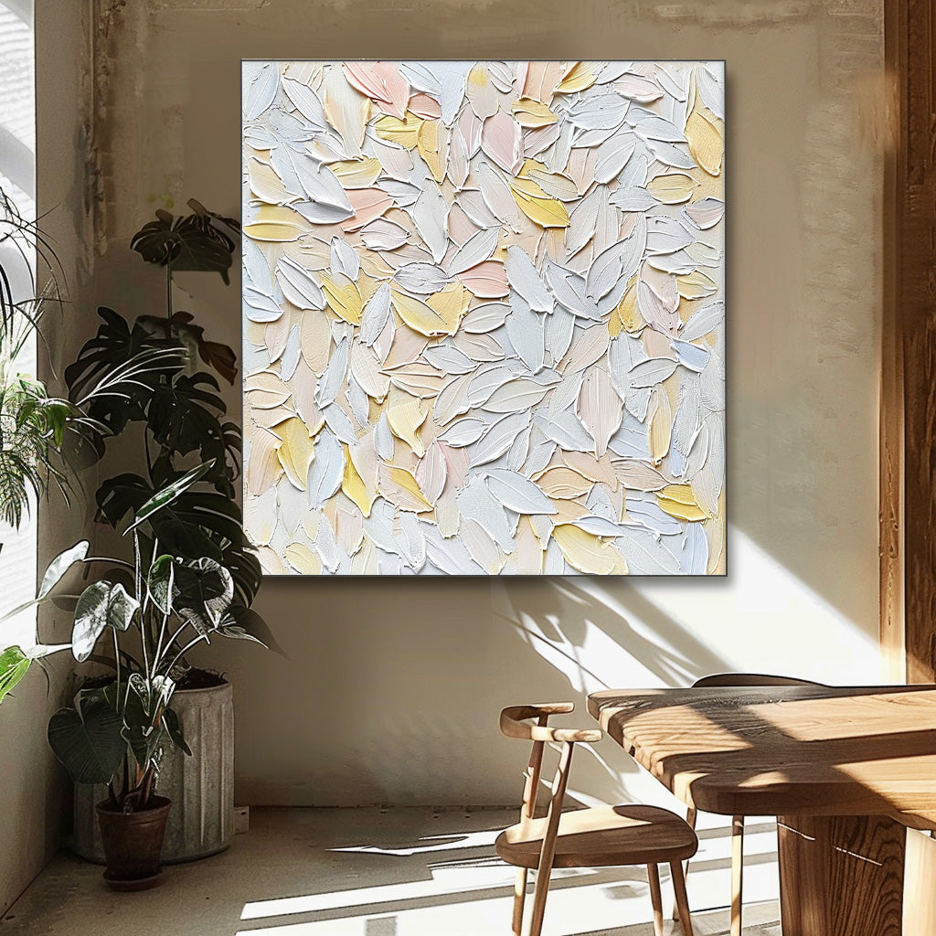 Soft Pastel Floral Oil Painting | Elegant Leafy Abstract Canvas Art Decor