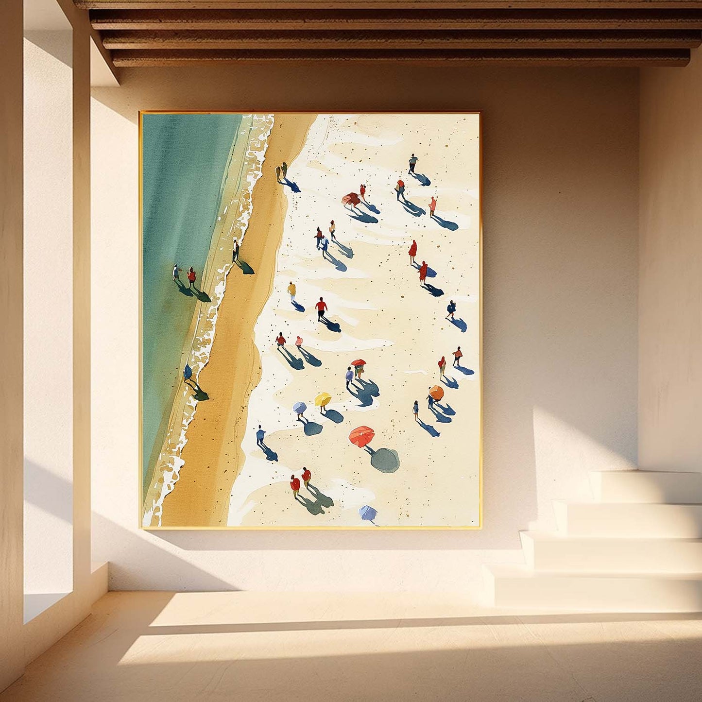Coastal Serenity: Vibrant Oil Painting of a Beach Day with Ocean Waves and Sunbathers